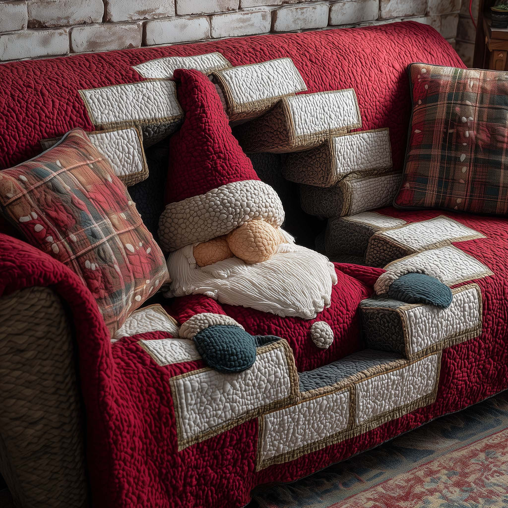 Sleeping Gnome on Plaid Quilt Sofa Cover