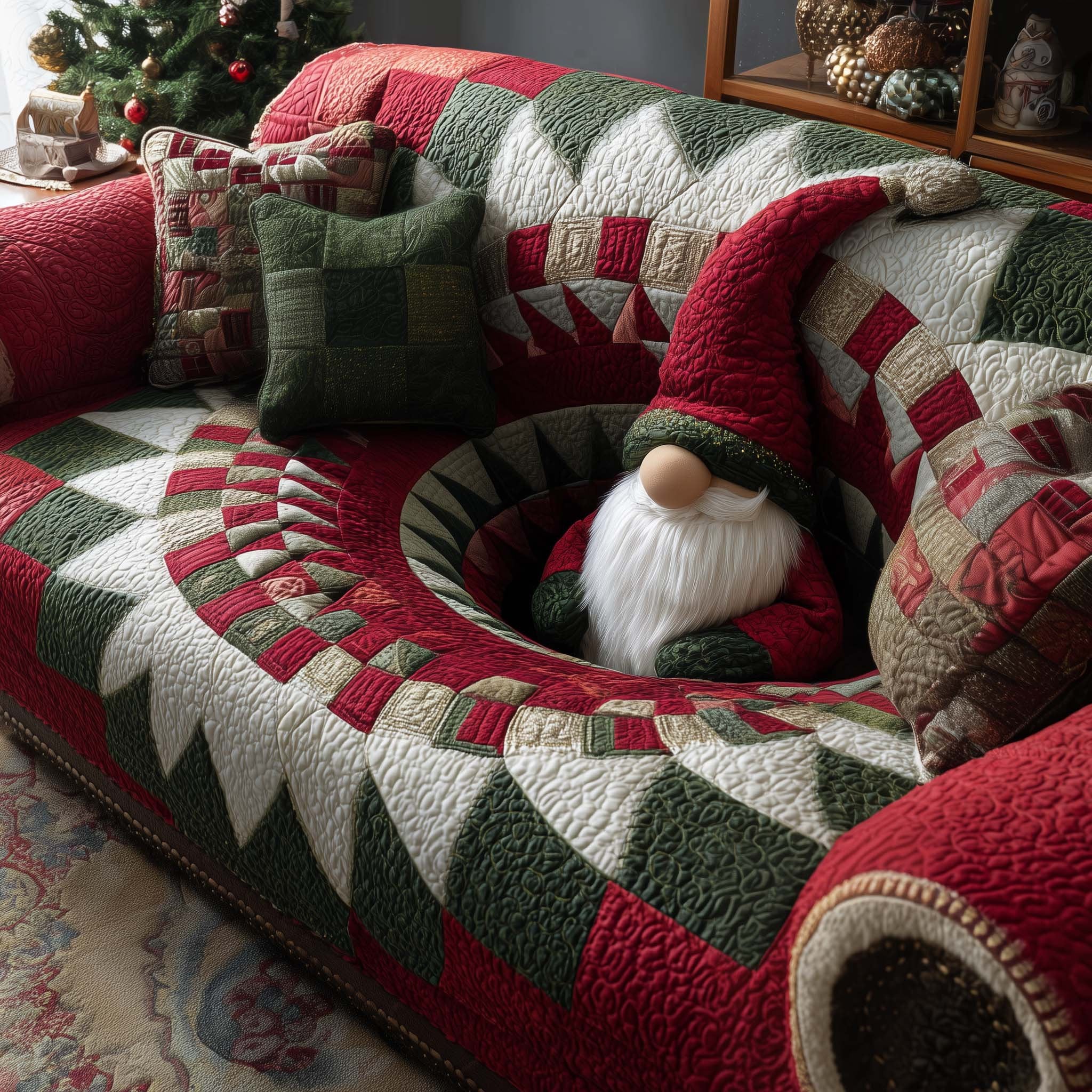 Gnome Peeking Over Green and Red Patches Sofa Cover