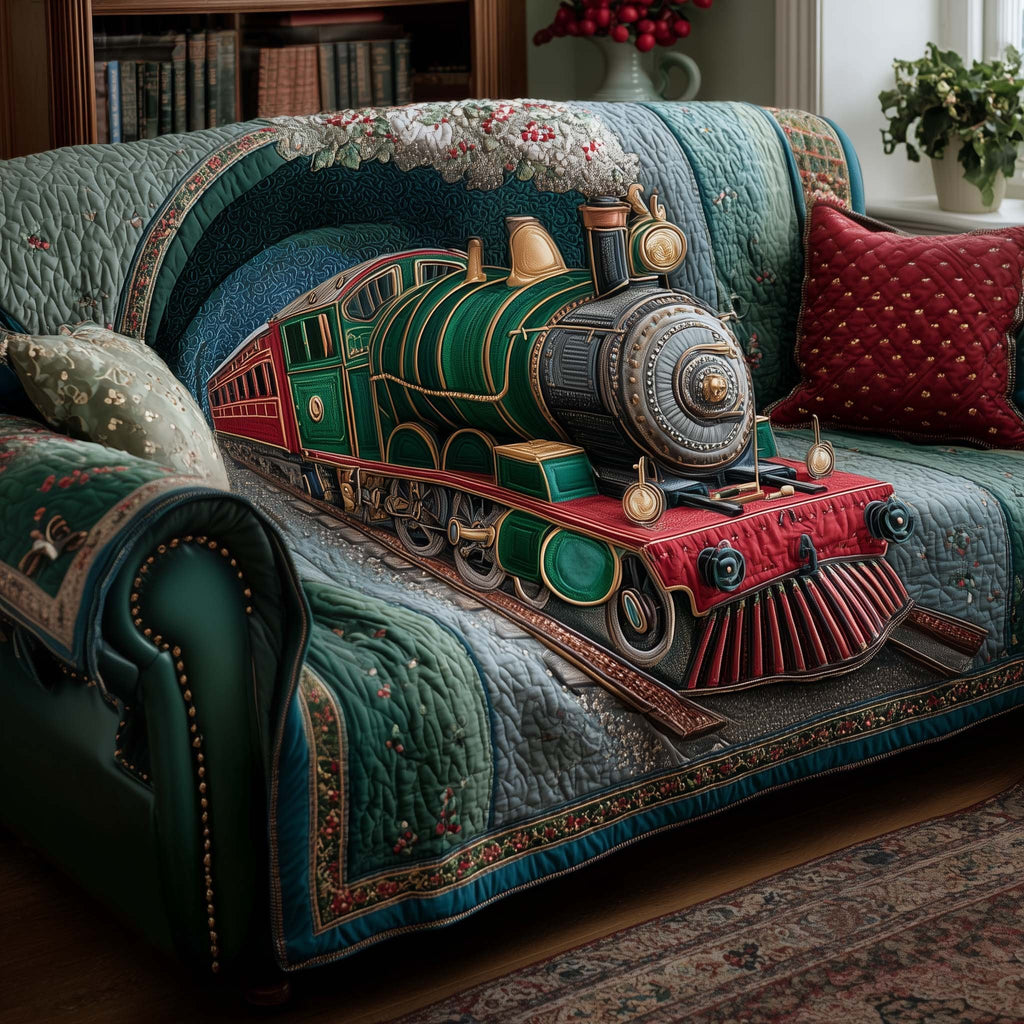 Green Engine Across the Red Quilt Sofa Cover
