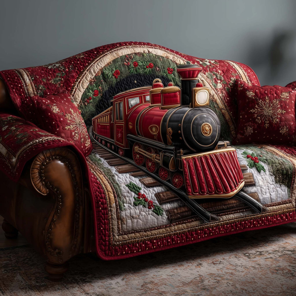 Red Engine with Holly on Crimson Sofa Cover