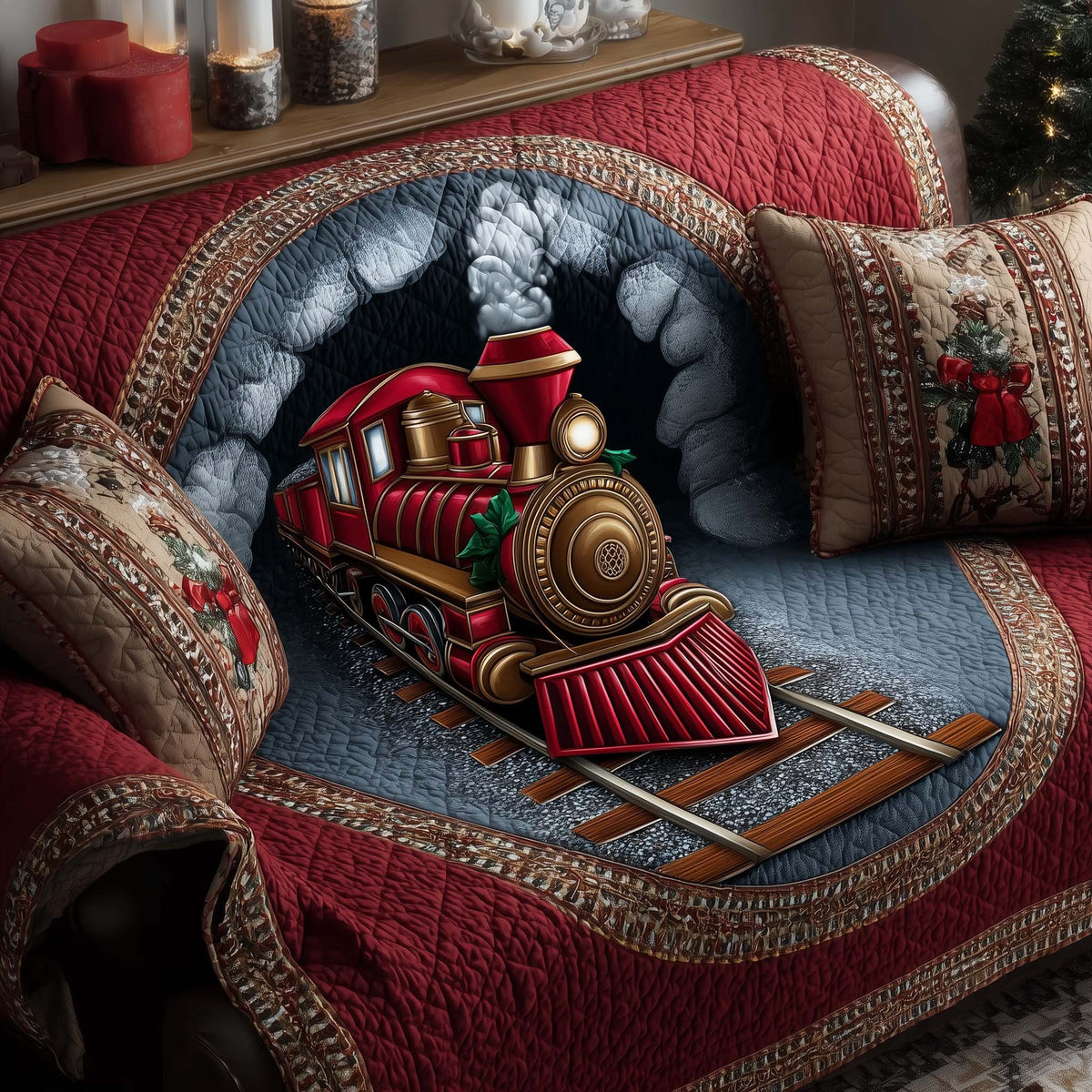 Red Train Through the Snow Tunnel Sofa Cover