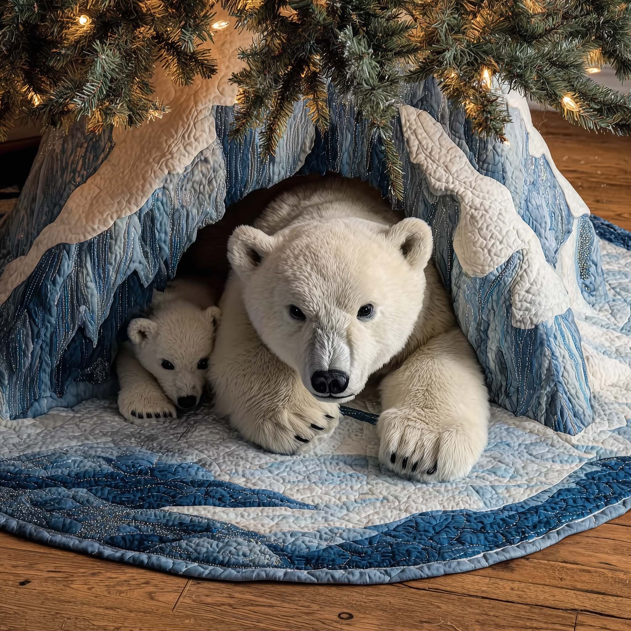Polar Bear and Cub in the Ice Cave Christmas Tree Skirt