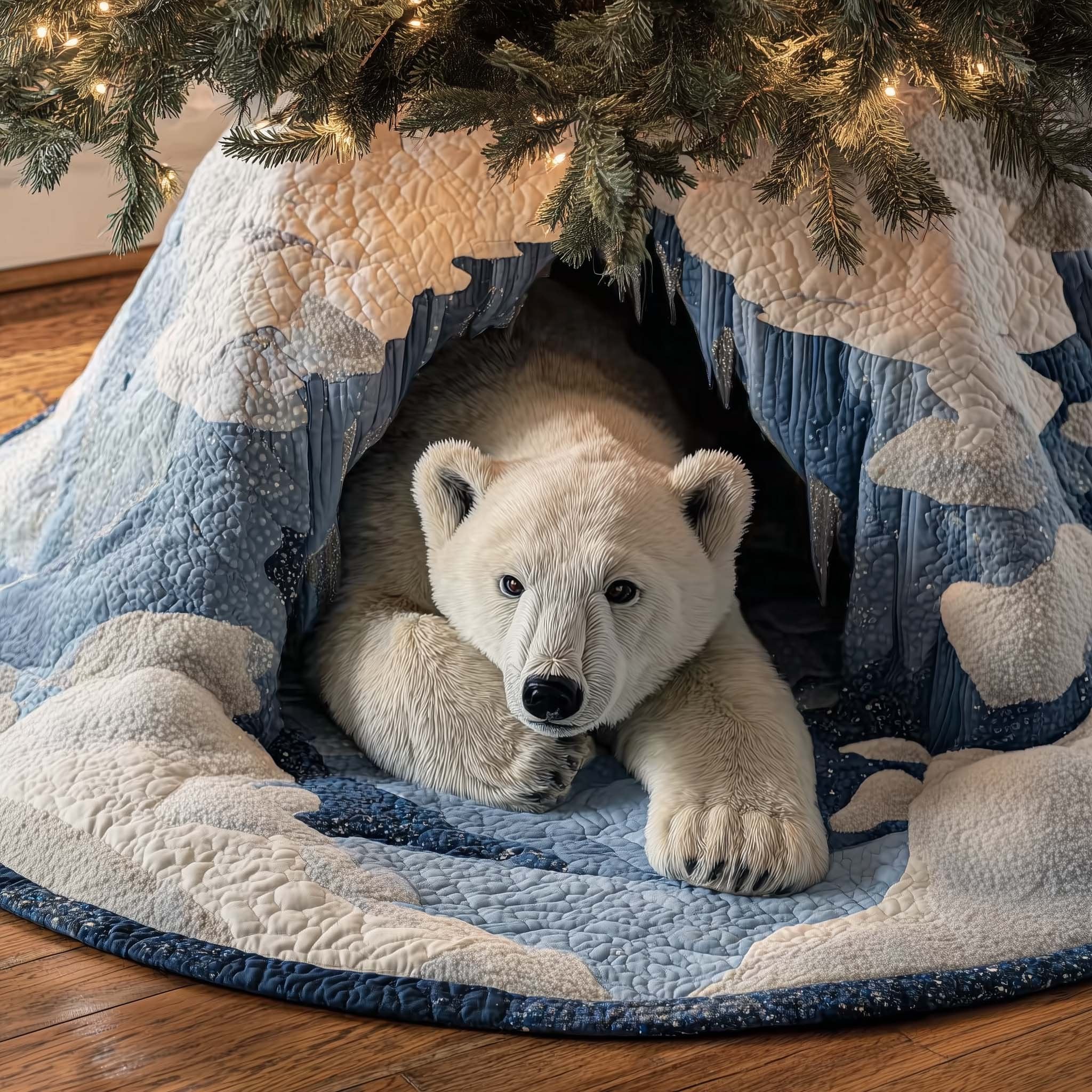 Polar Bear Lying in the Snow Den Christmas Tree Skirt