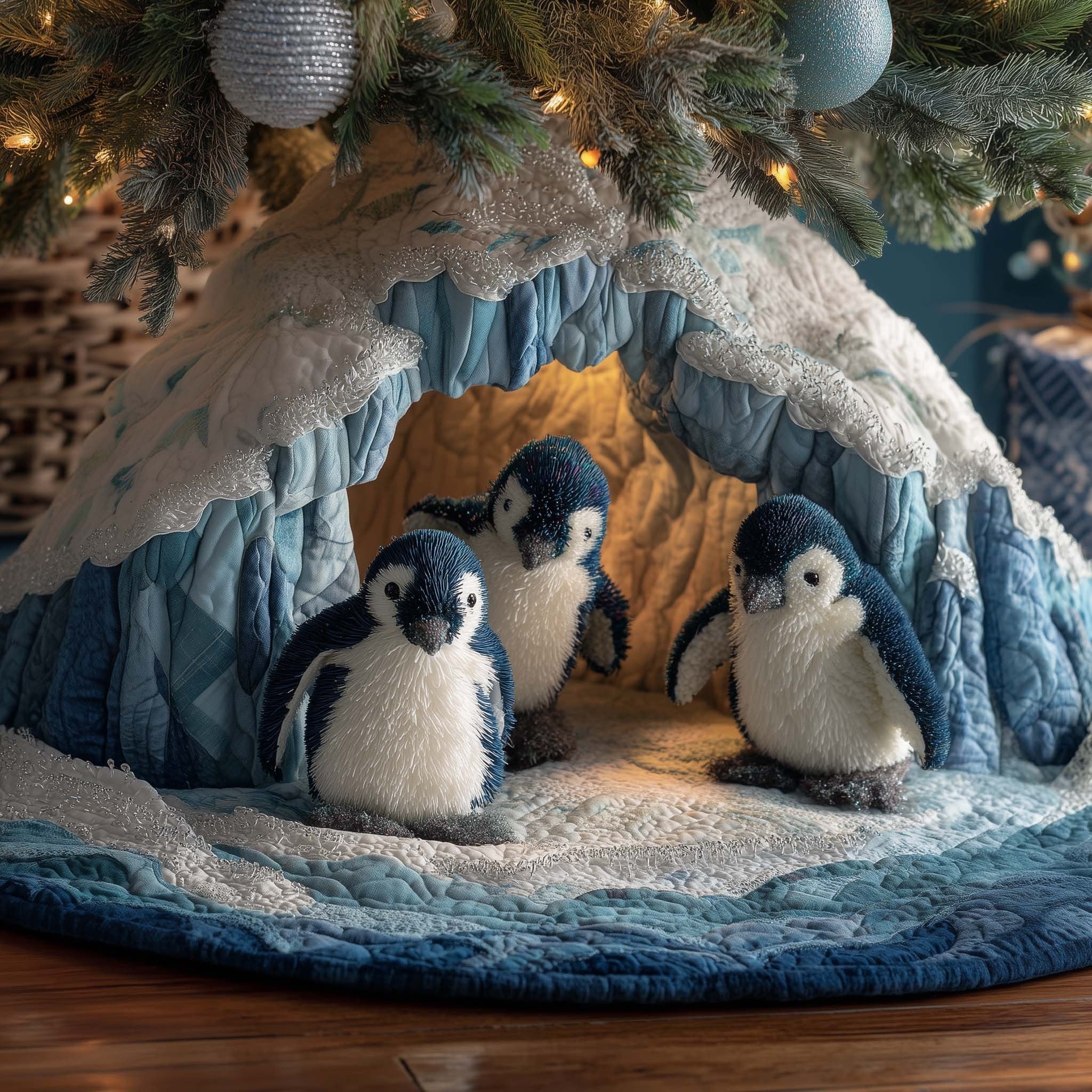 Penguin Family in the Ice Grotto Christmas Tree Skirt
