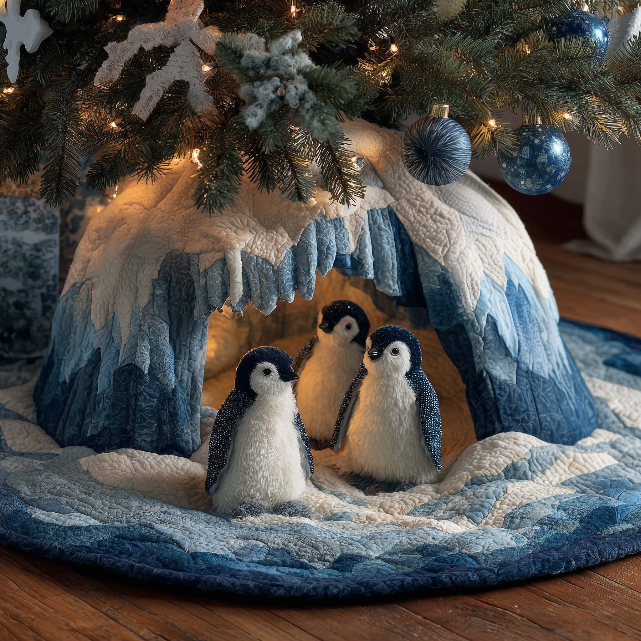 Penguin Chicks in the Blue Ice Cave Christmas Tree Skirt