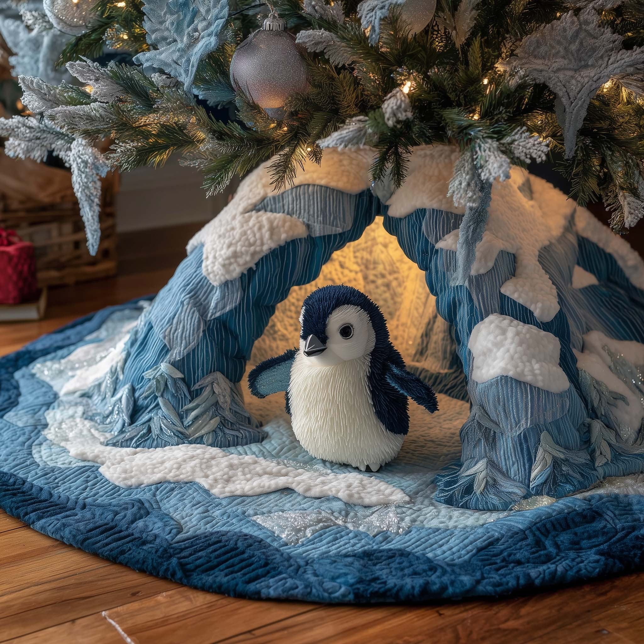Penguin Chick on the Snowy Ledge Christmas Tree Skirt