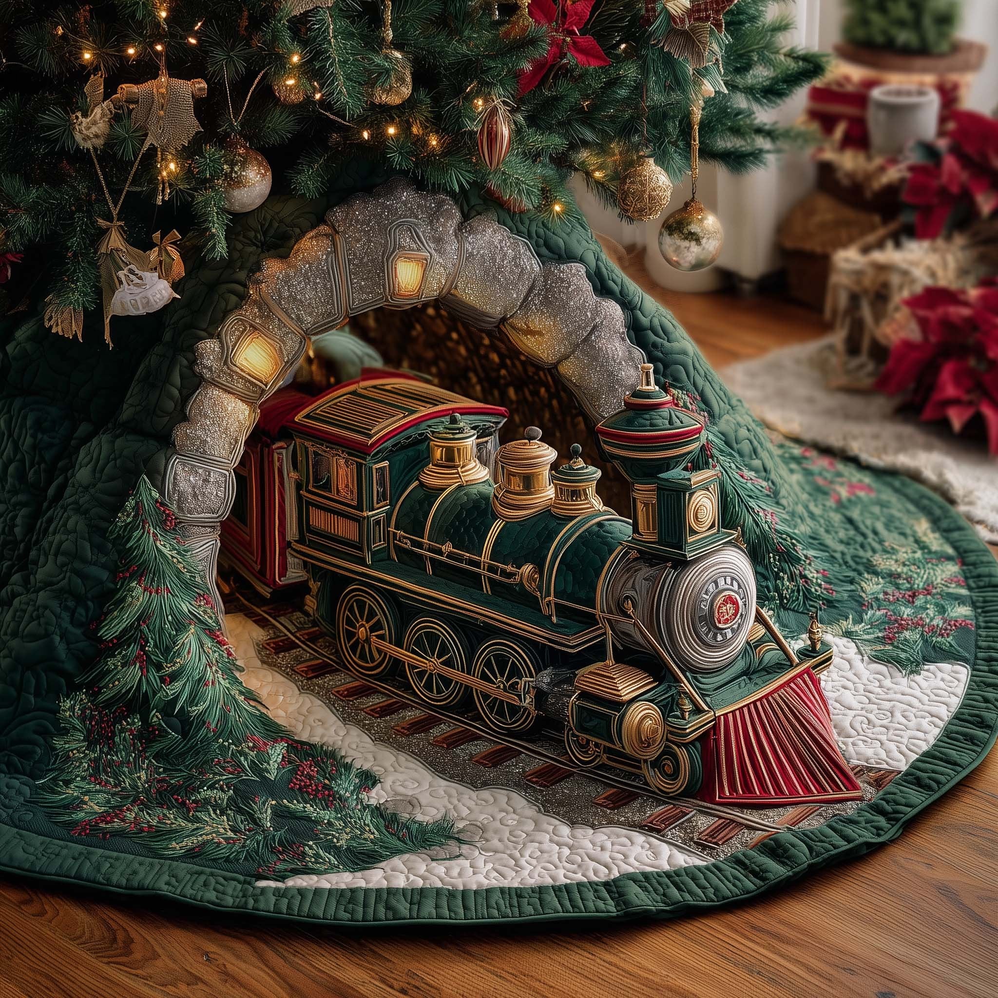 Green Locomotive in the Arch Christmas Tree Skirt
