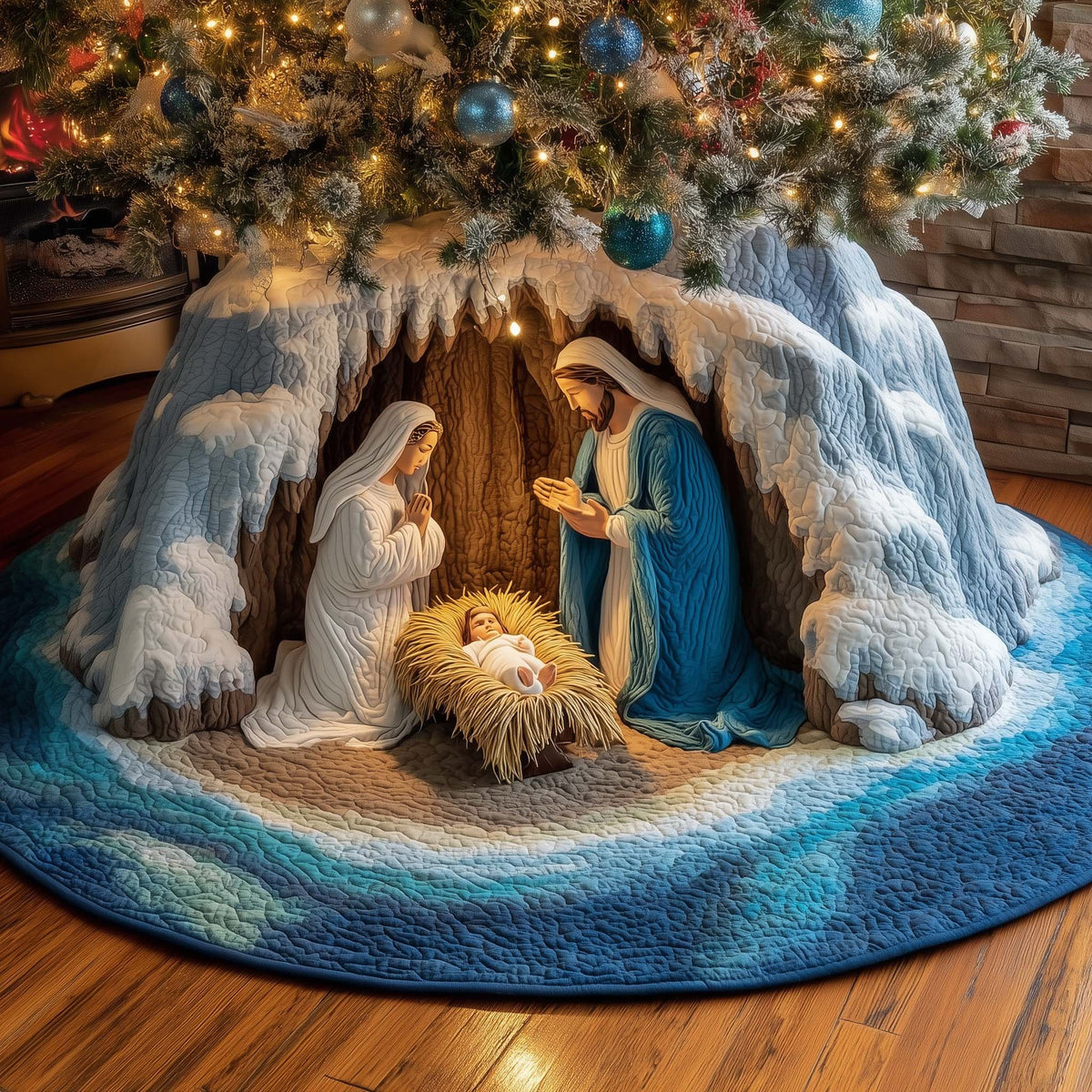 Nativity in an Icy Blue Cavern Christmas Tree Skirt