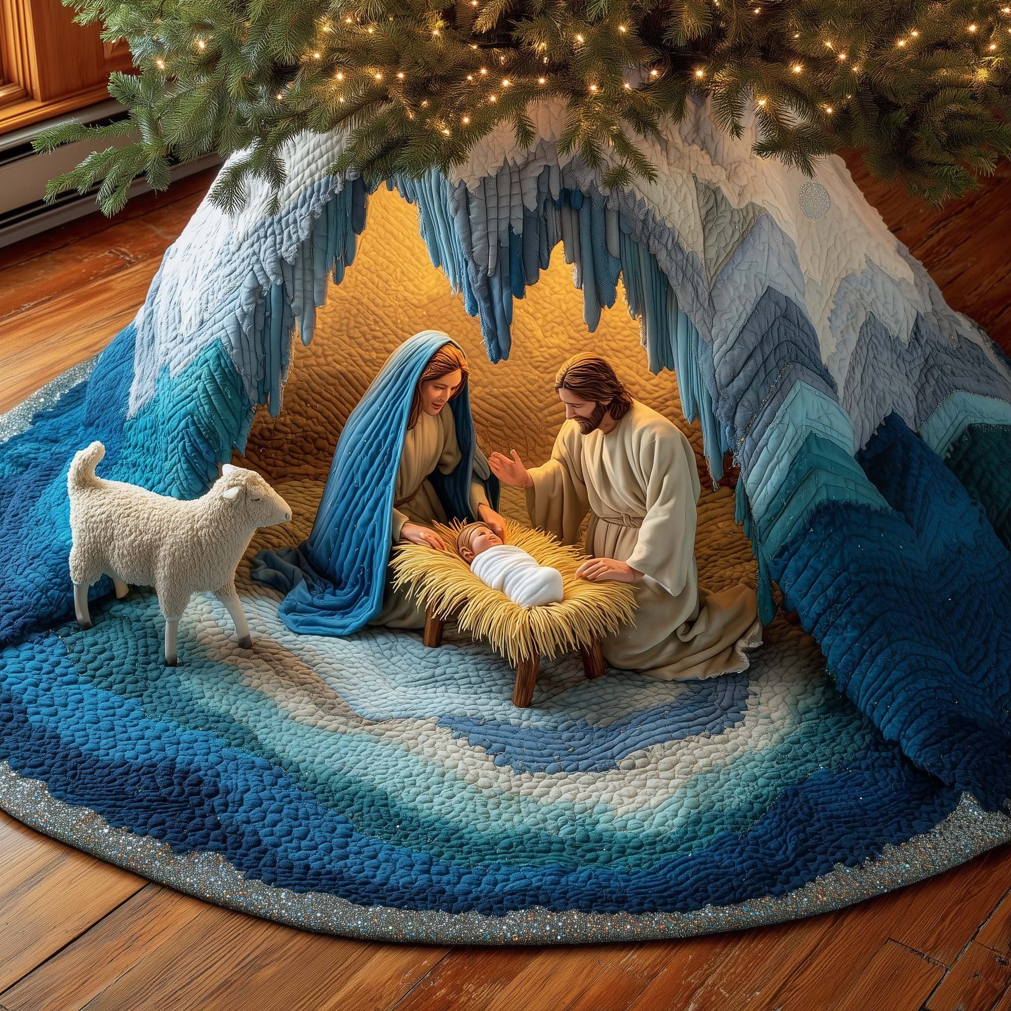 Nativity with a Lamb in Blue Christmas Tree Skirt