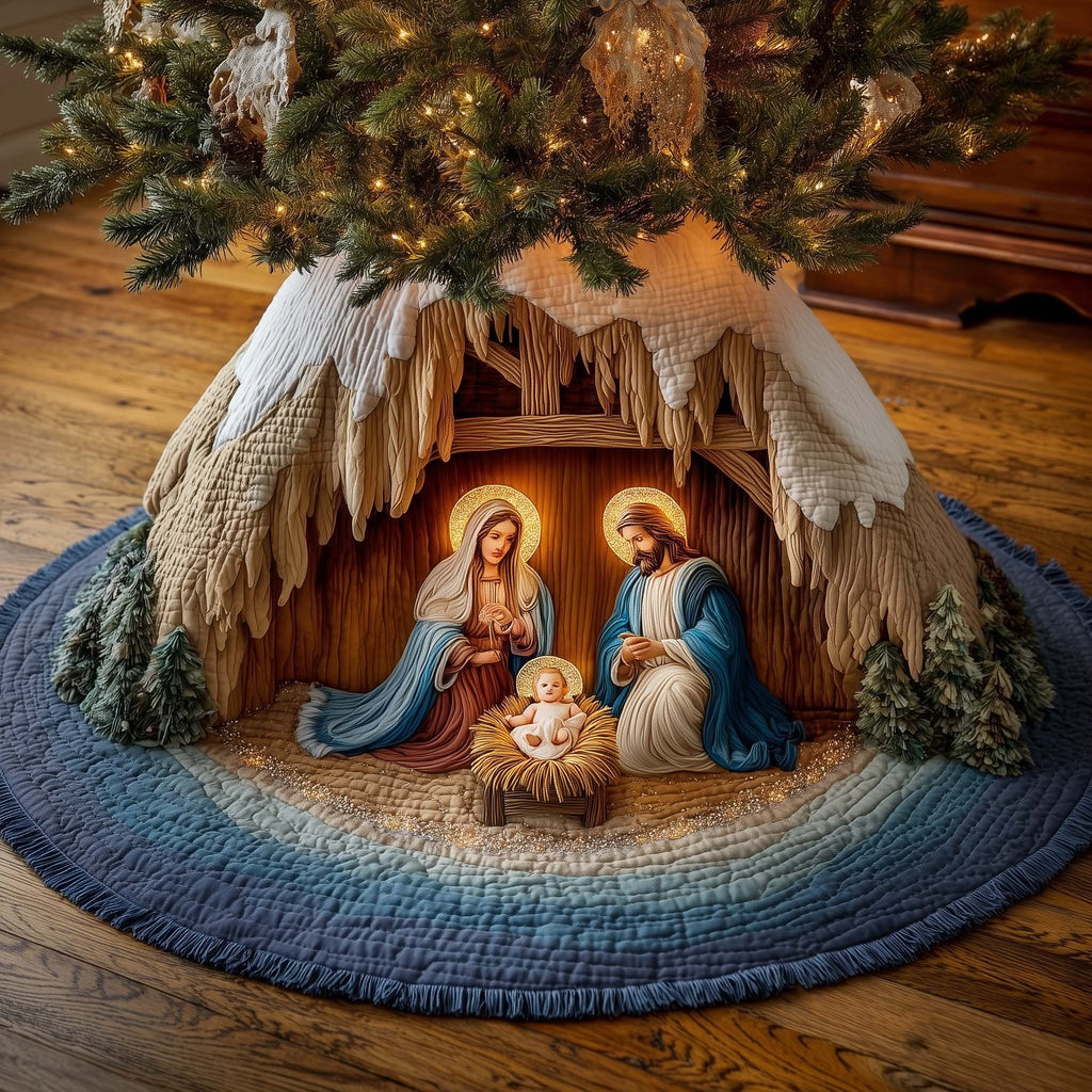 Holy Family with Glowing Halos Christmas Tree Skirt