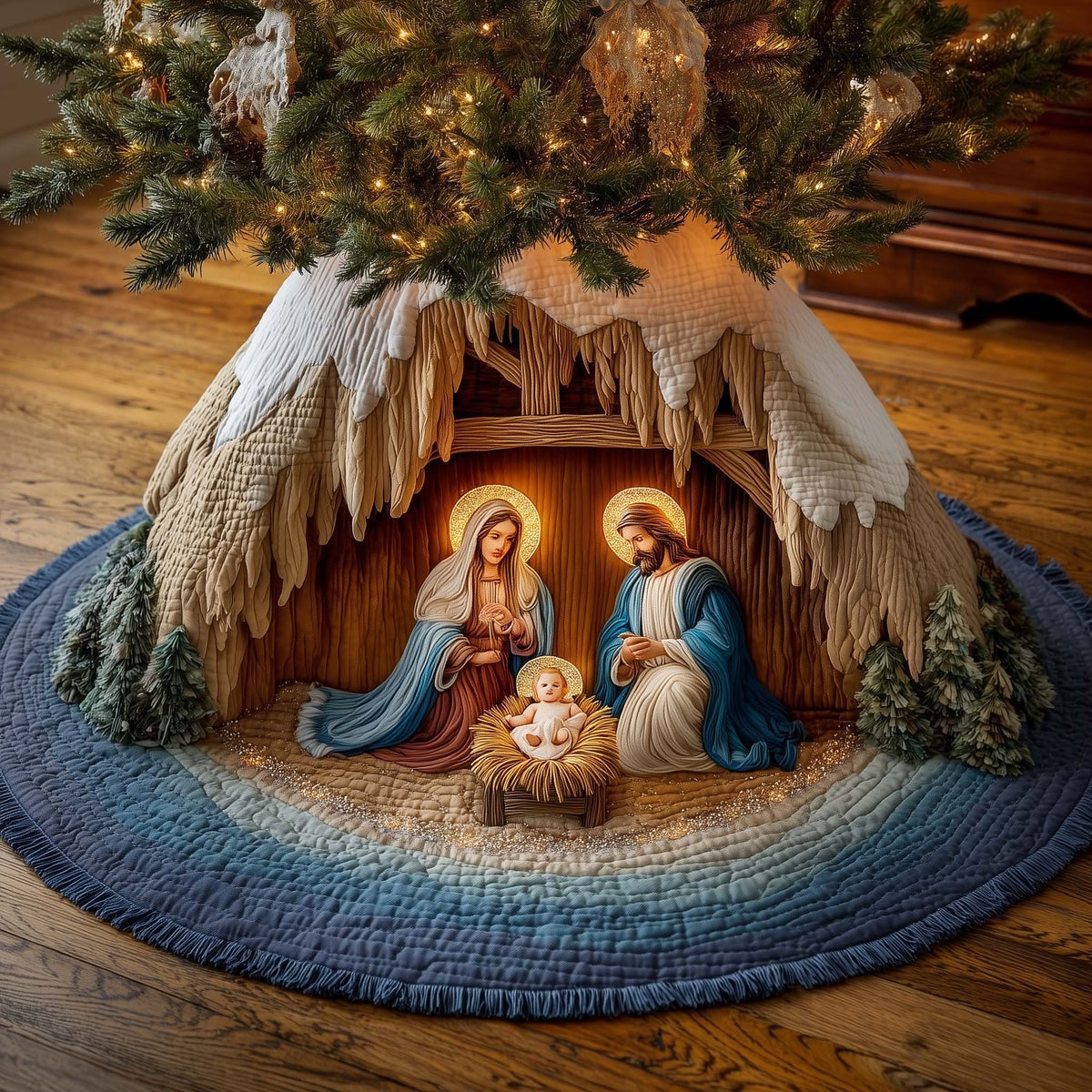 Holy Family with Glowing Halos Christmas Tree Skirt