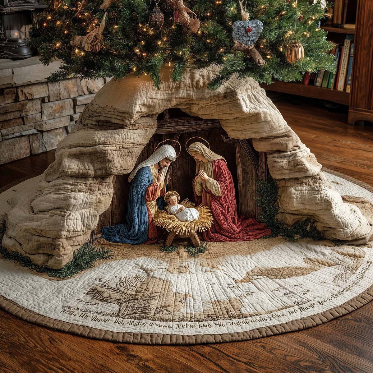 Nativity in a White Stone Grotto Christmas Tree Skirt