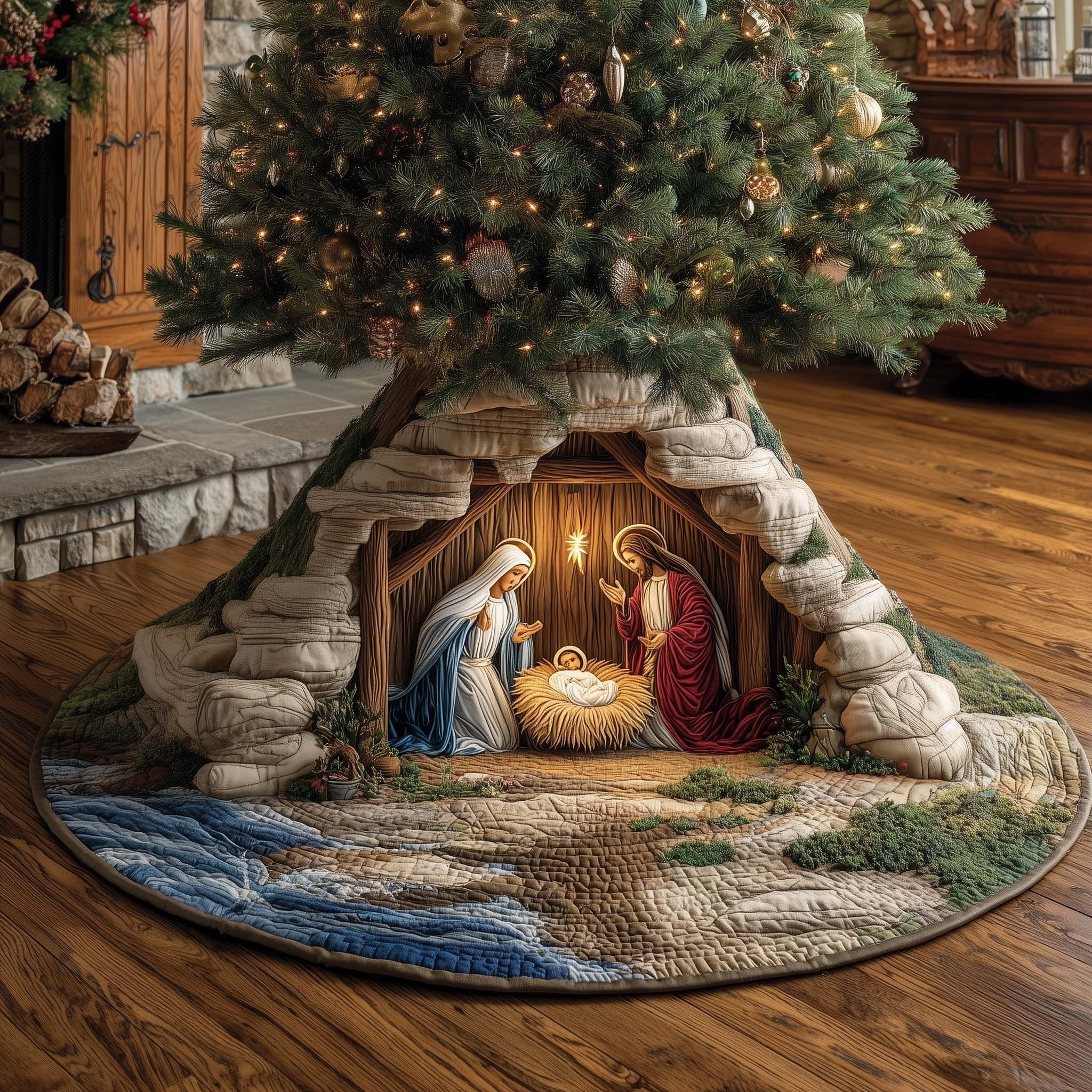 Nativity Under a Stone Archway Christmas Tree Skirt