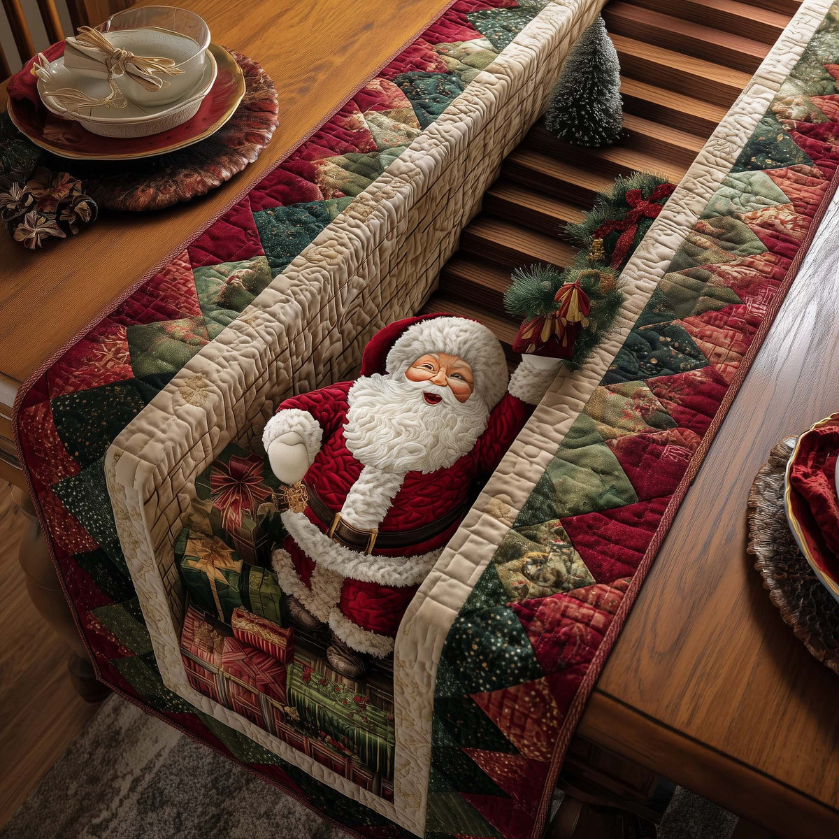 Santa Climbing the Quilted Stairs Table Runner