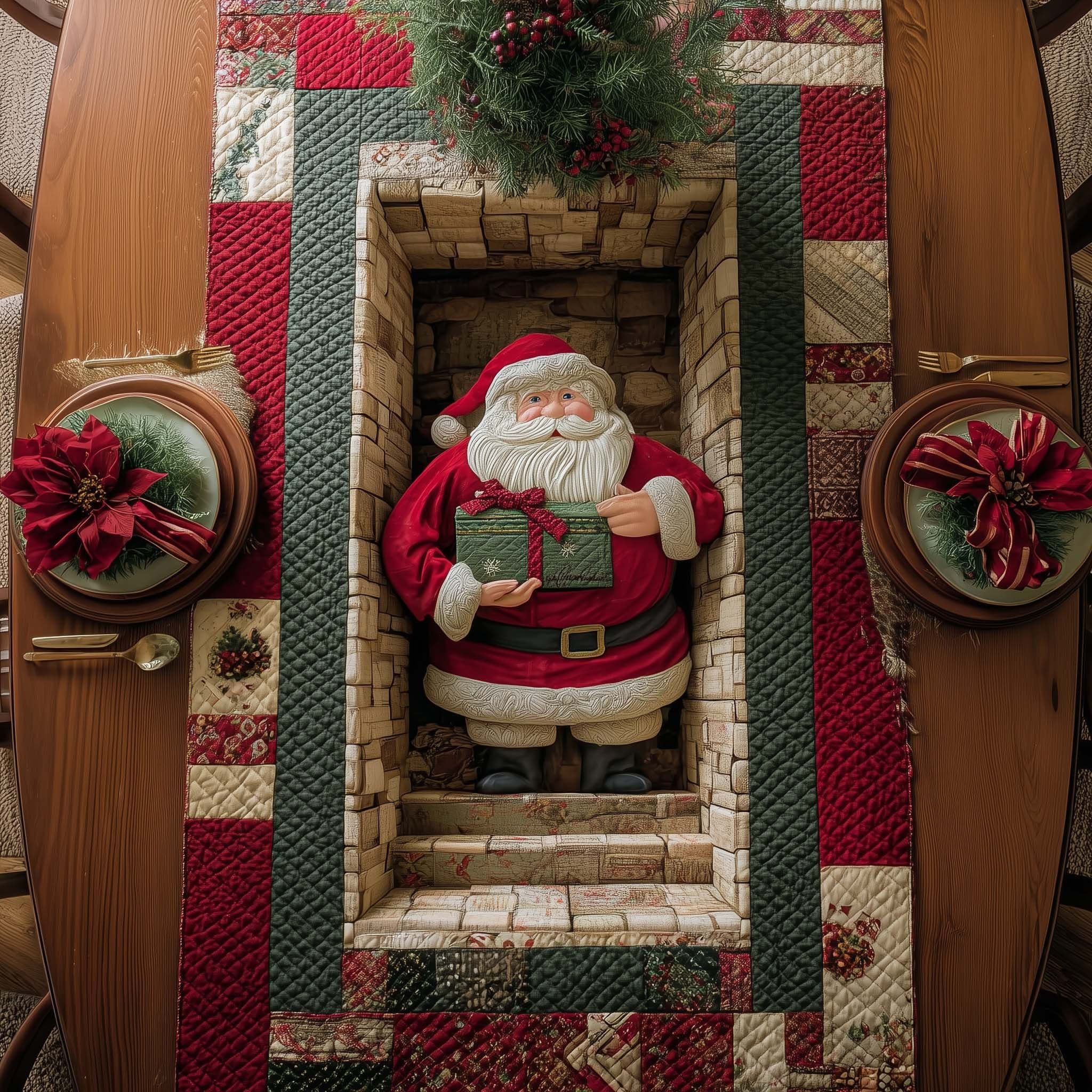 Santa with a Green Book Table Runner
