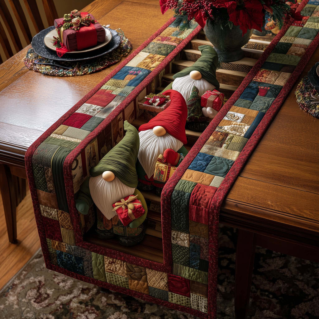 Christmas Gnome on Plaid Blocks Table Runner