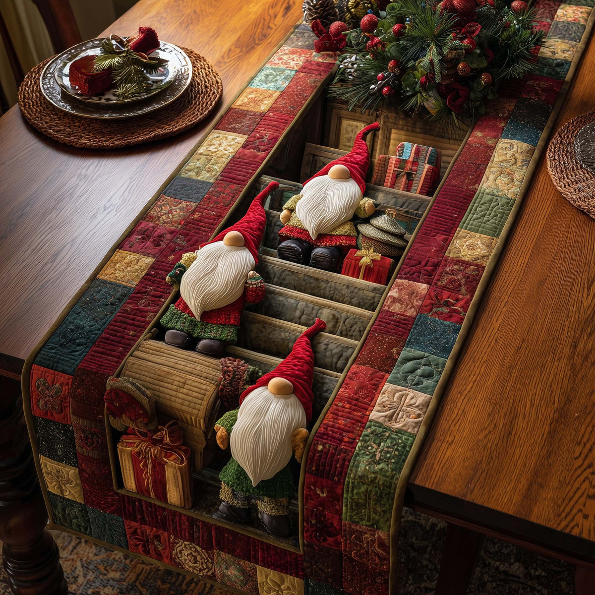 Row of Gnomes on Patchwork Table Runner