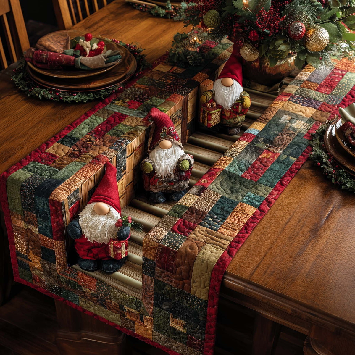 Gnome with Gift on Green Blocks Table Runner