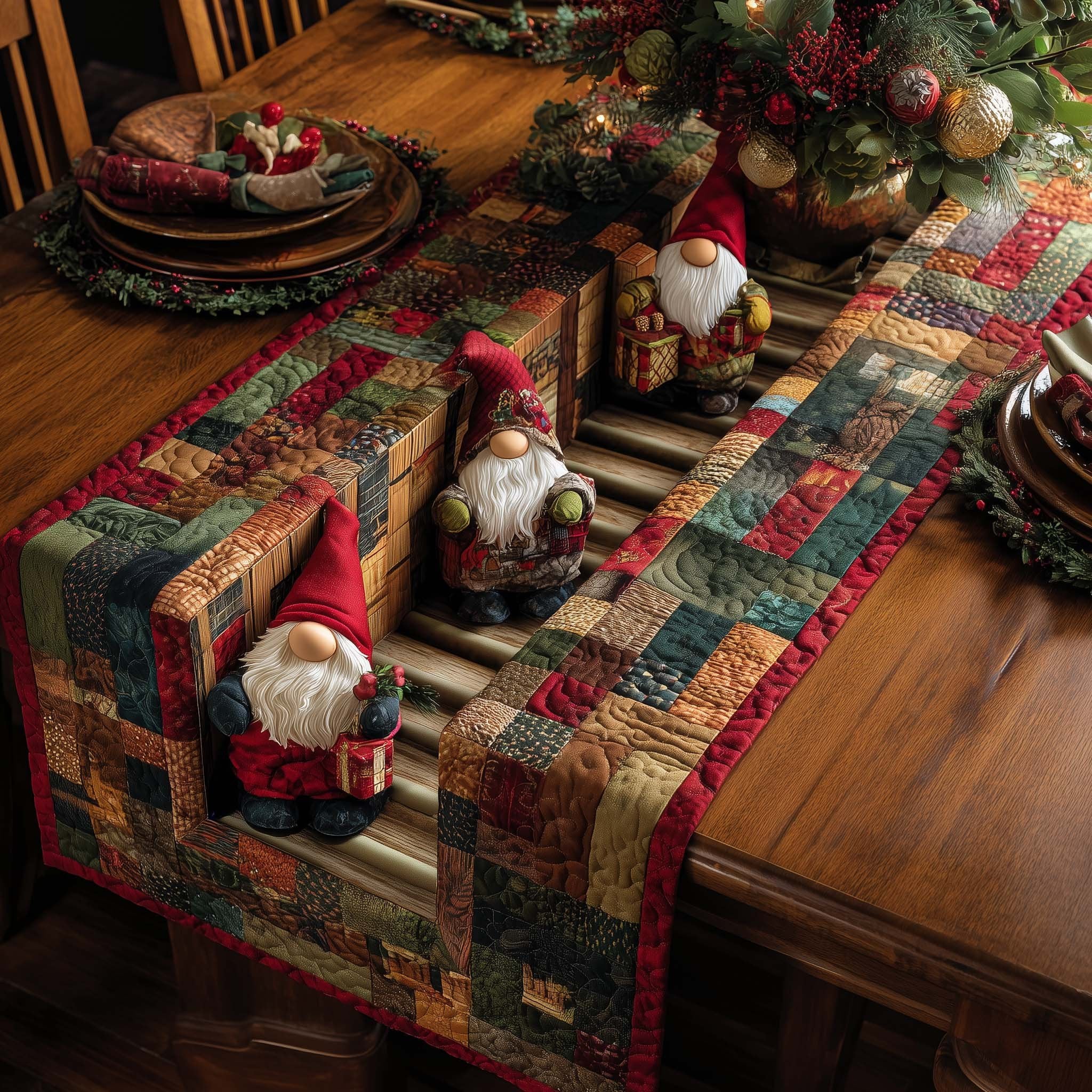 Gnome with Gift on Green Blocks Table Runner