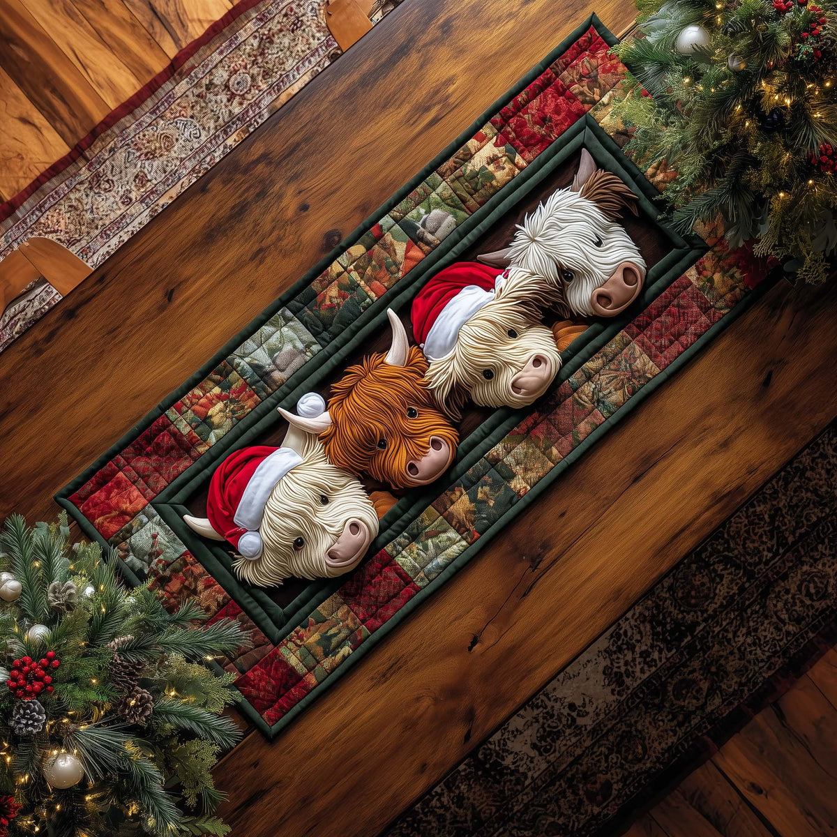 Highland Cows in Red Santa Hats Table Runner