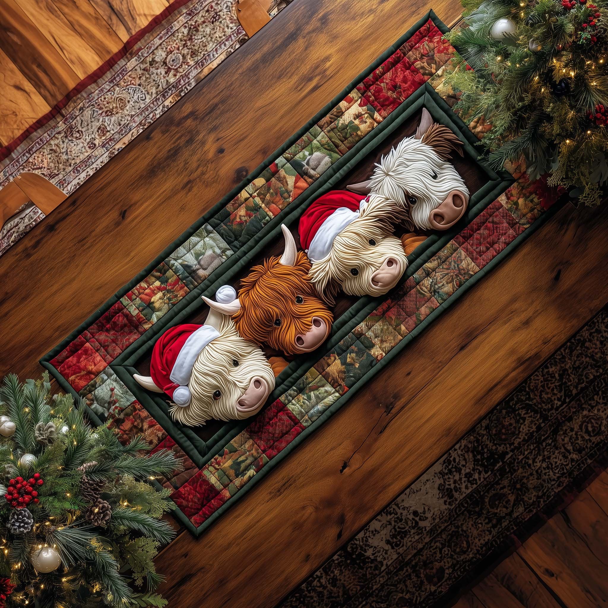Highland Cows in Red Santa Hats Table Runner