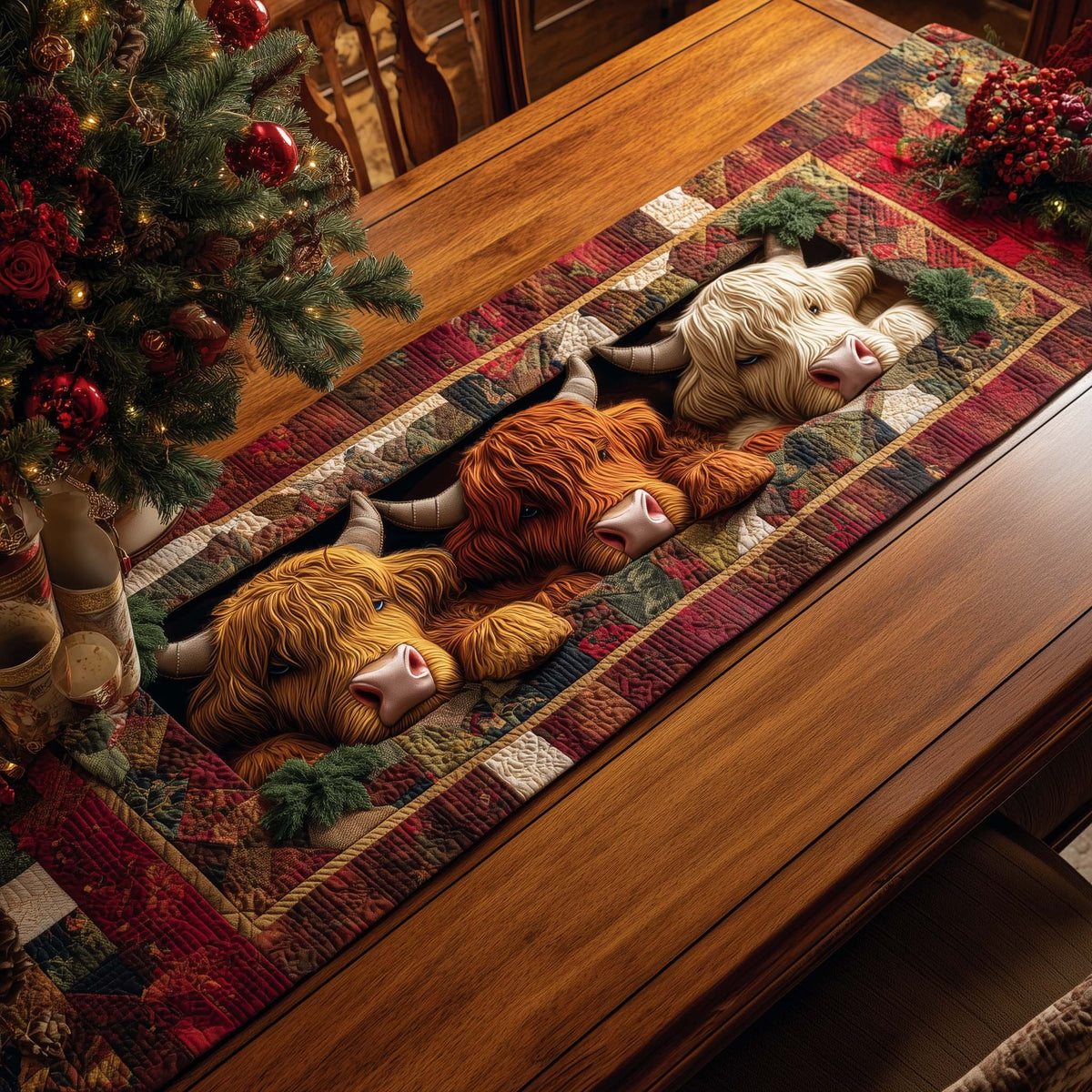 Resting Highland Cows on Patchwork Table Runner