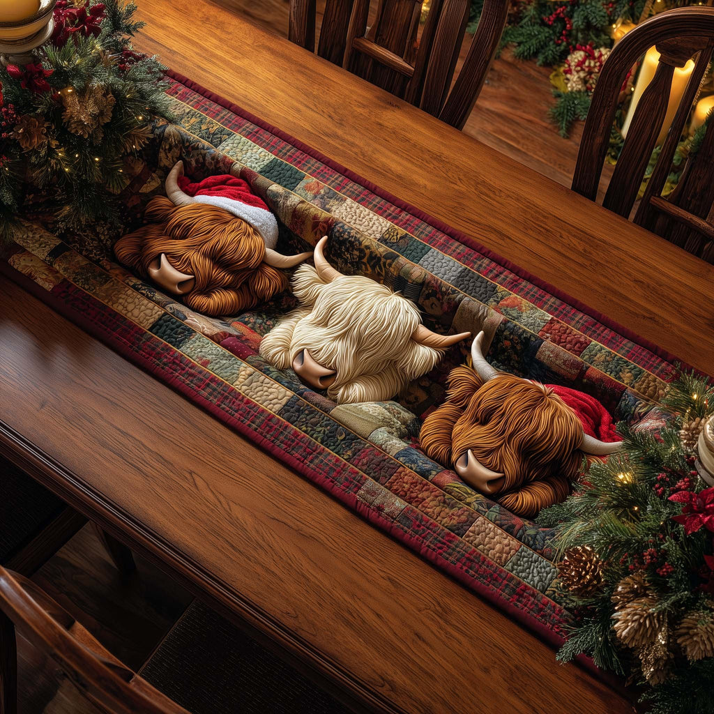 Highland Cows on Plaid Stripes Table Runner