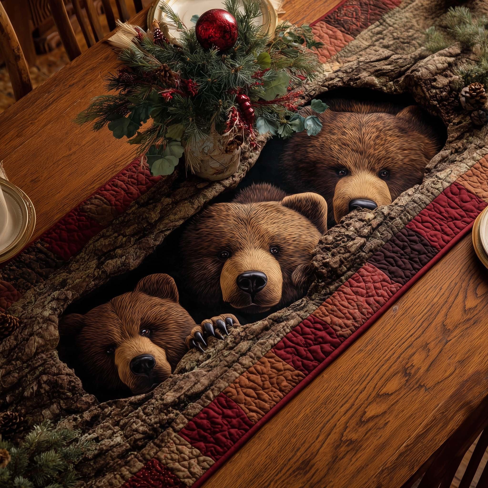 Sleeping Bear on Patchwork Table Runner