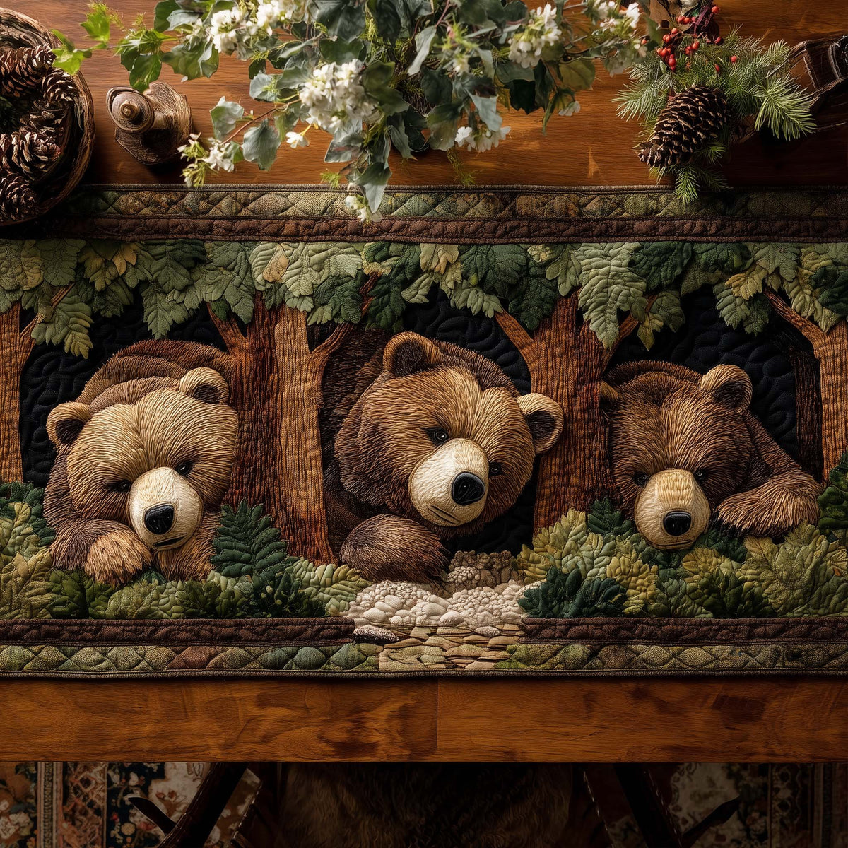 Bears Among Green Leaves Table Runner