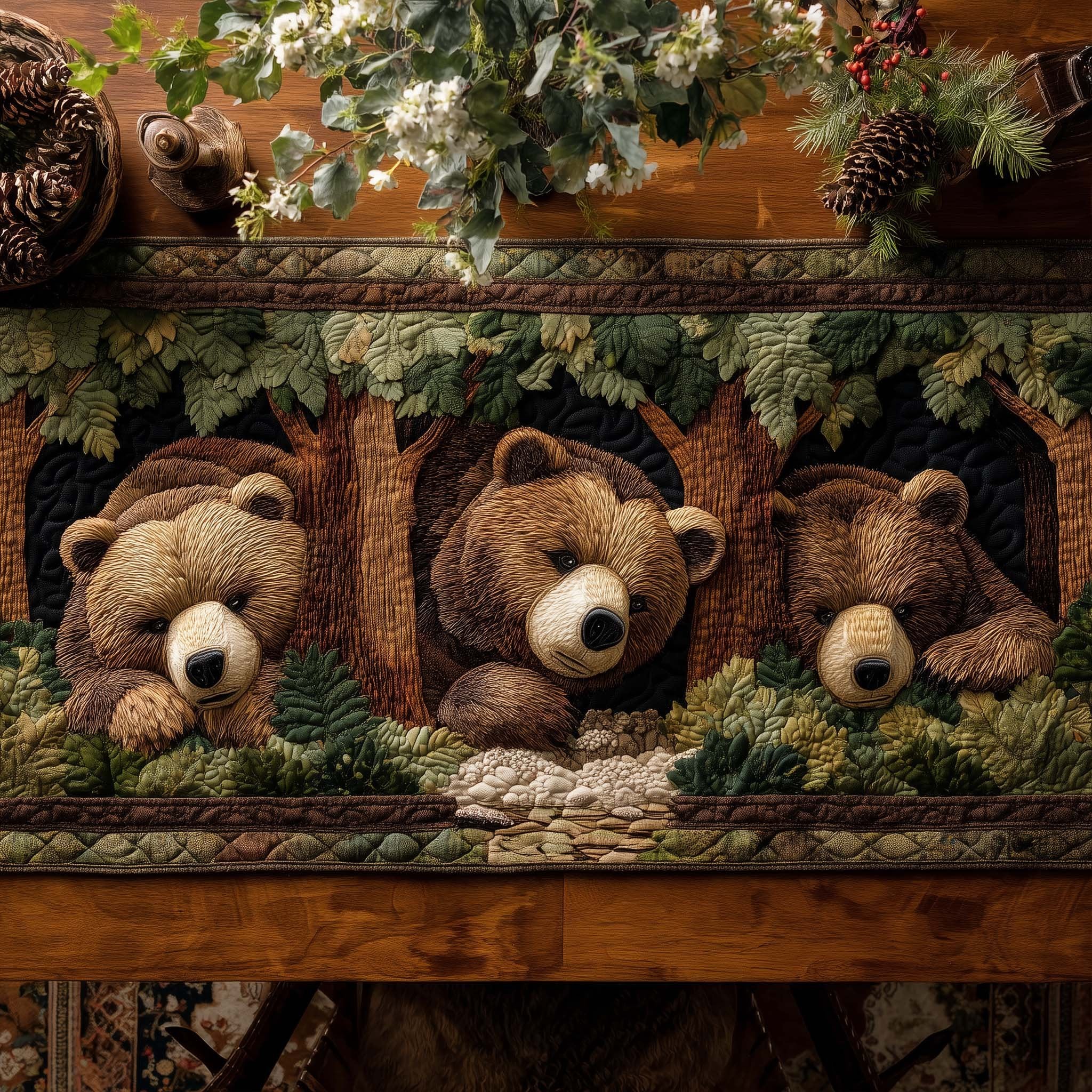 Bears Among Green Leaves Table Runner
