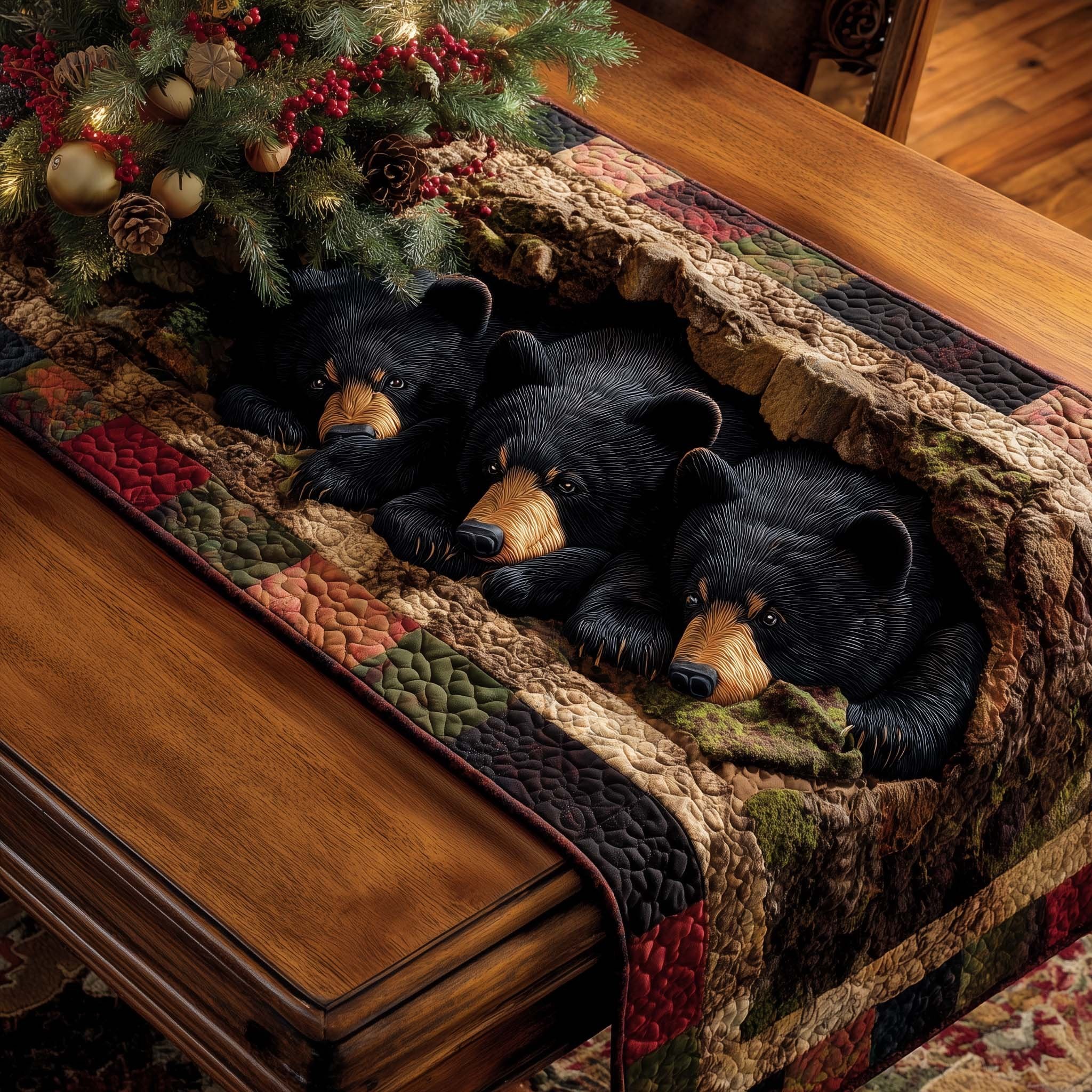 Black Bears Asleep in a Log Table Runner