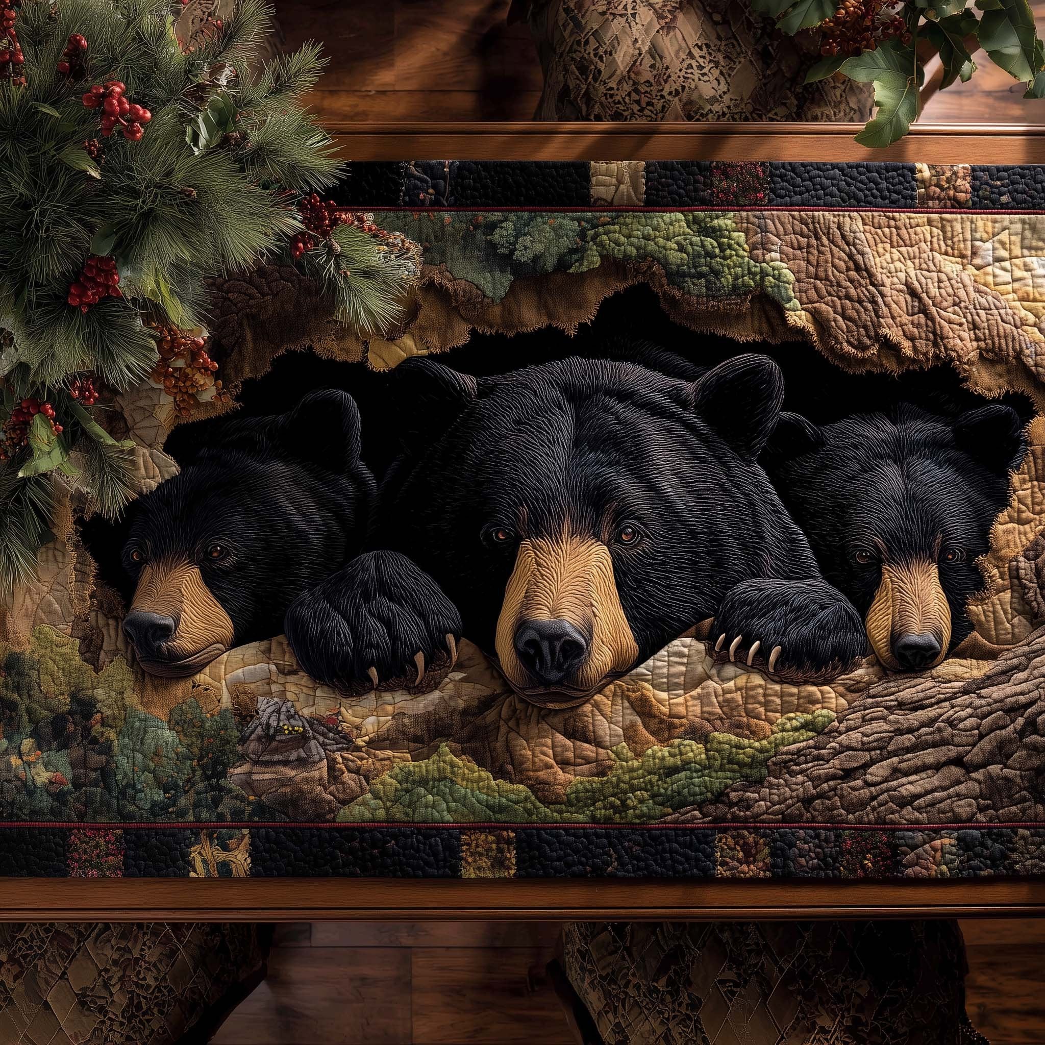 Black Bear Napping in the Woods Table Runner