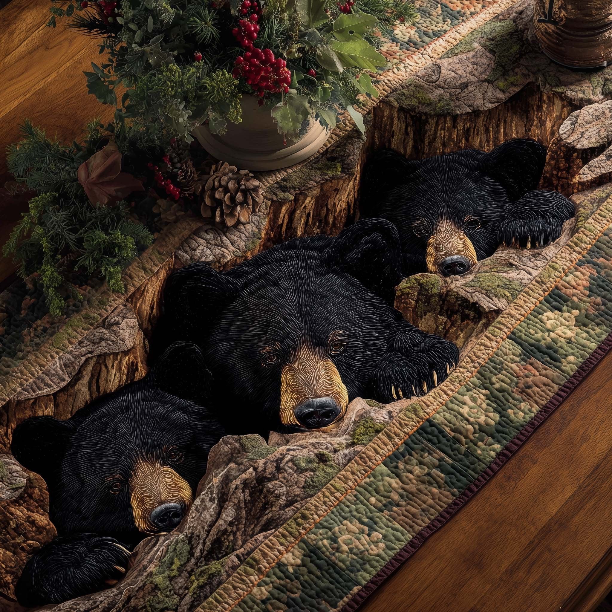 Black Bears Among Pinecones Table Runner