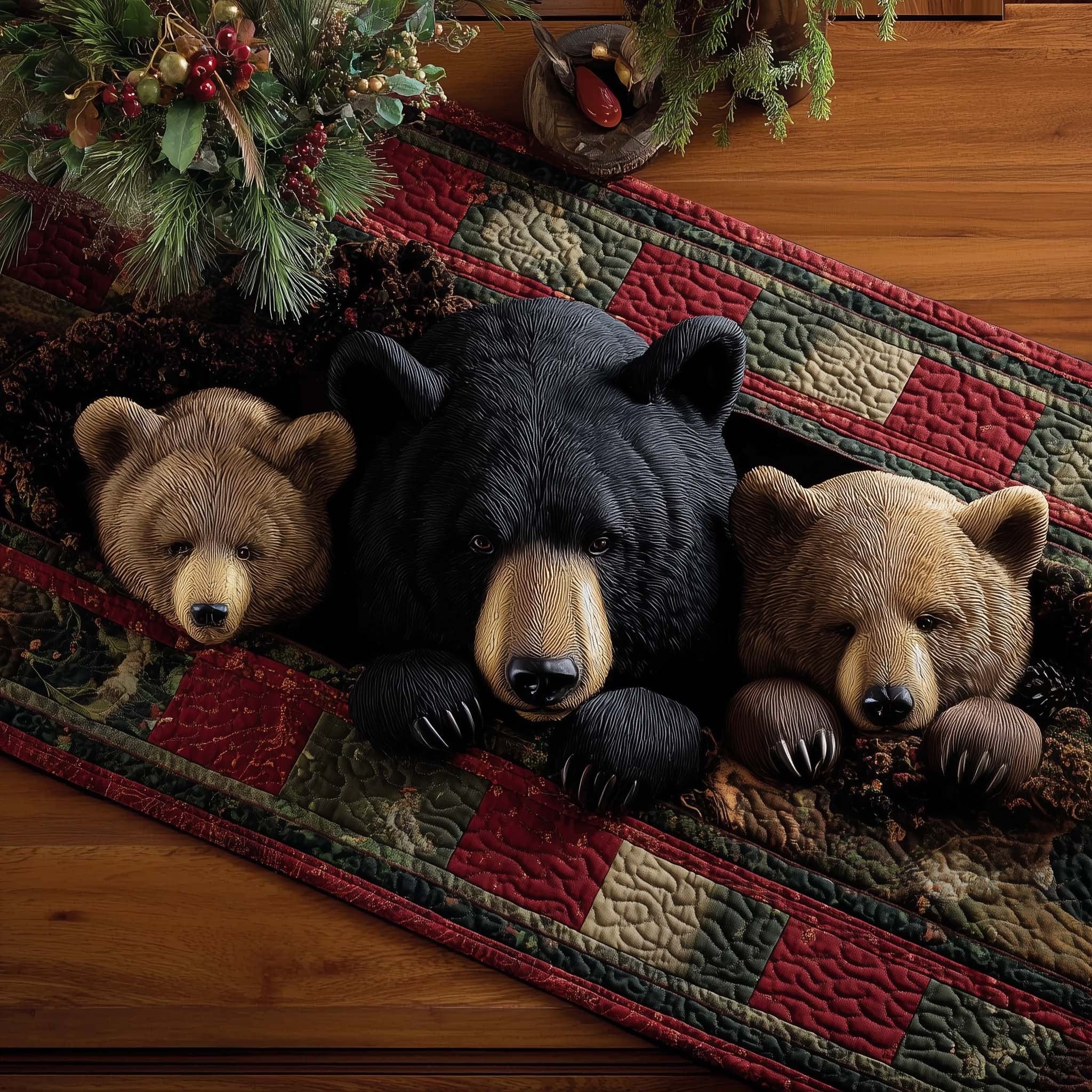 Black and Brown Bears on Plaid Table Runner