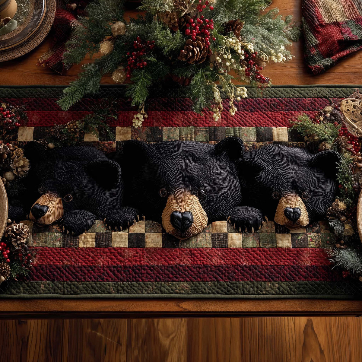 Black Bears with Checkered Border Table Runner