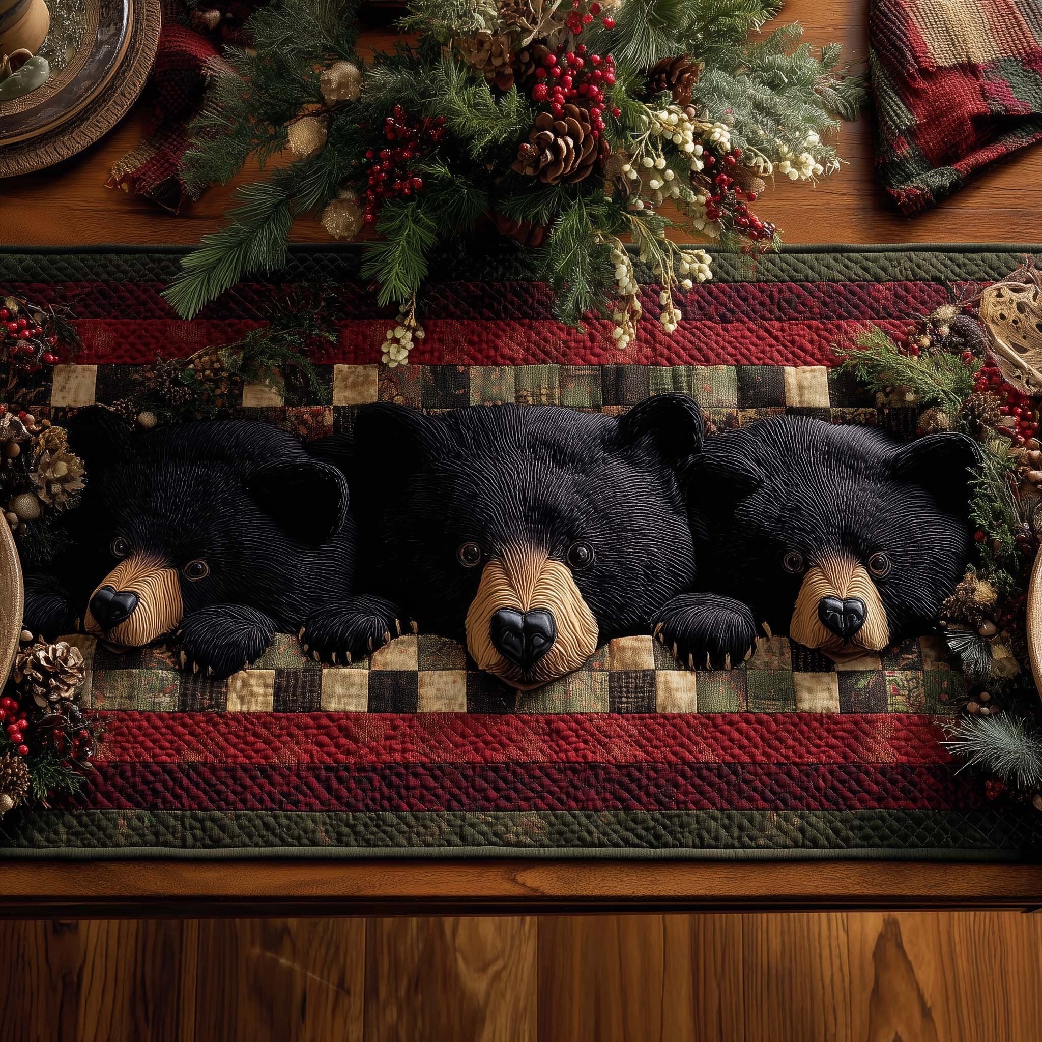 Black Bears with Checkered Border Table Runner