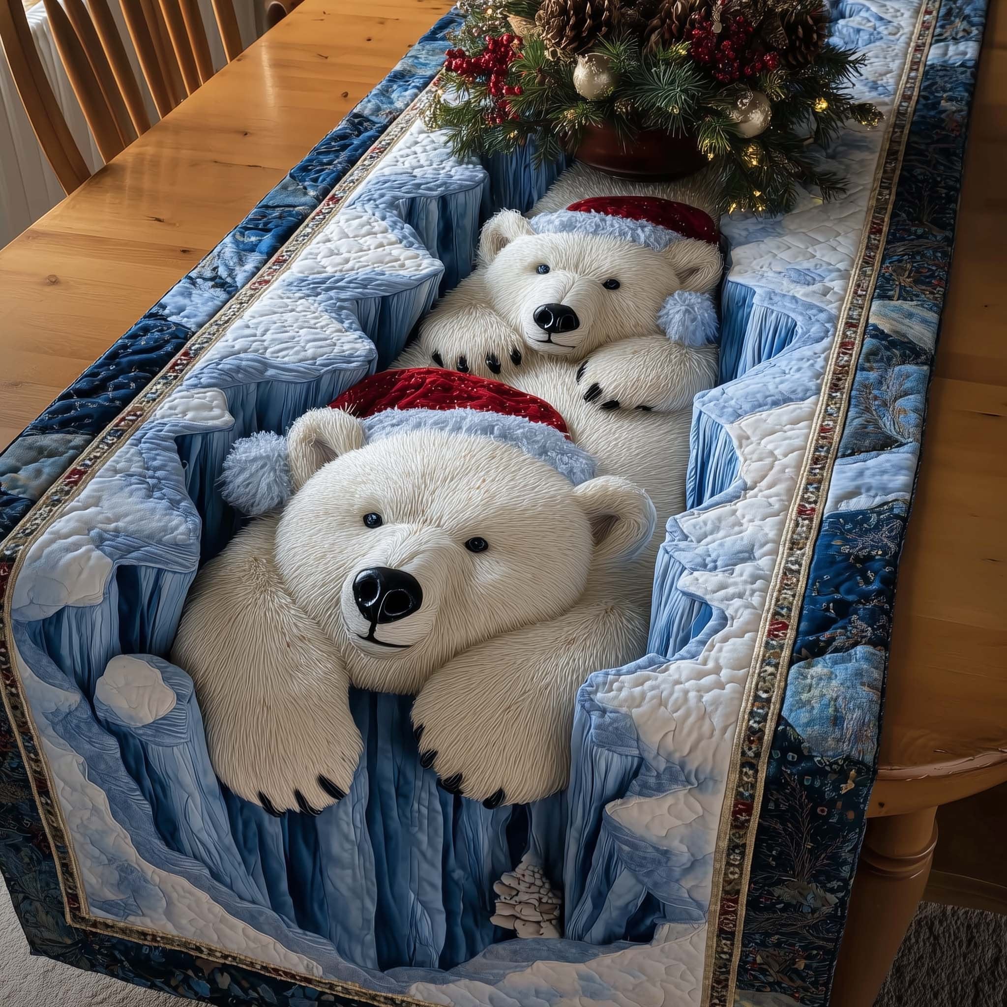 Polar Bears in Santa Hats Table Runner