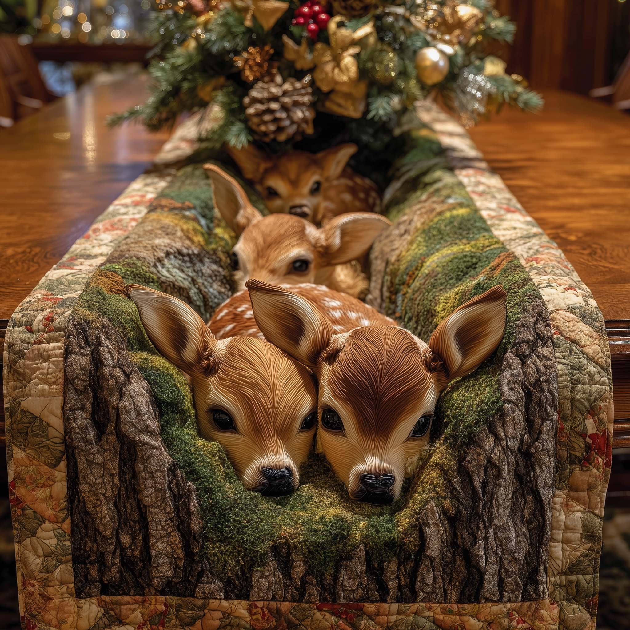 Two Fawns Resting on a Log Table Runner
