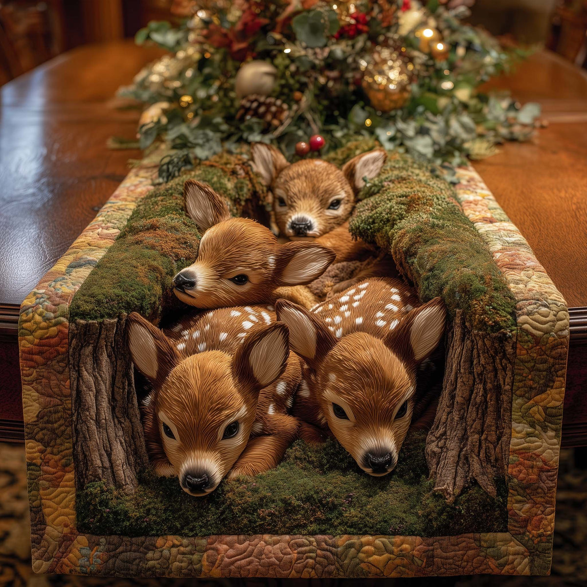 Curled Fawns in Green Moss Table Runner