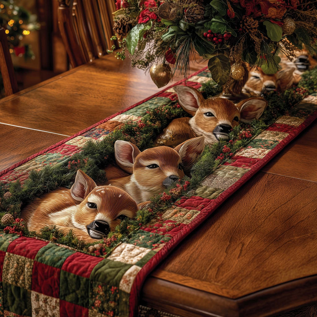 Fawns with Evergreen Wreath Table Runner
