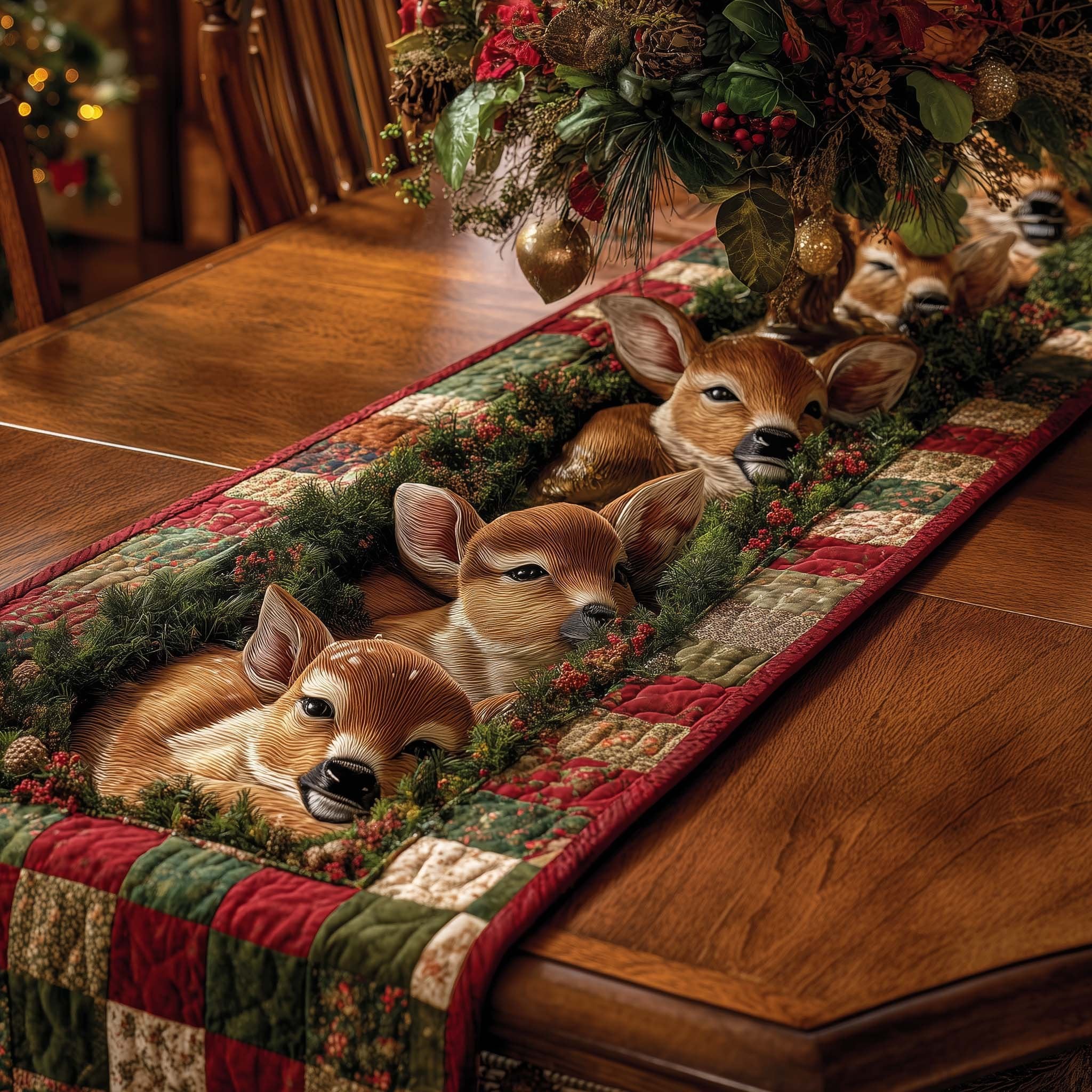 Fawns with Evergreen Wreath Table Runner