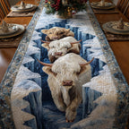 Cream Highland Cow on Blue Quilt Table Runner