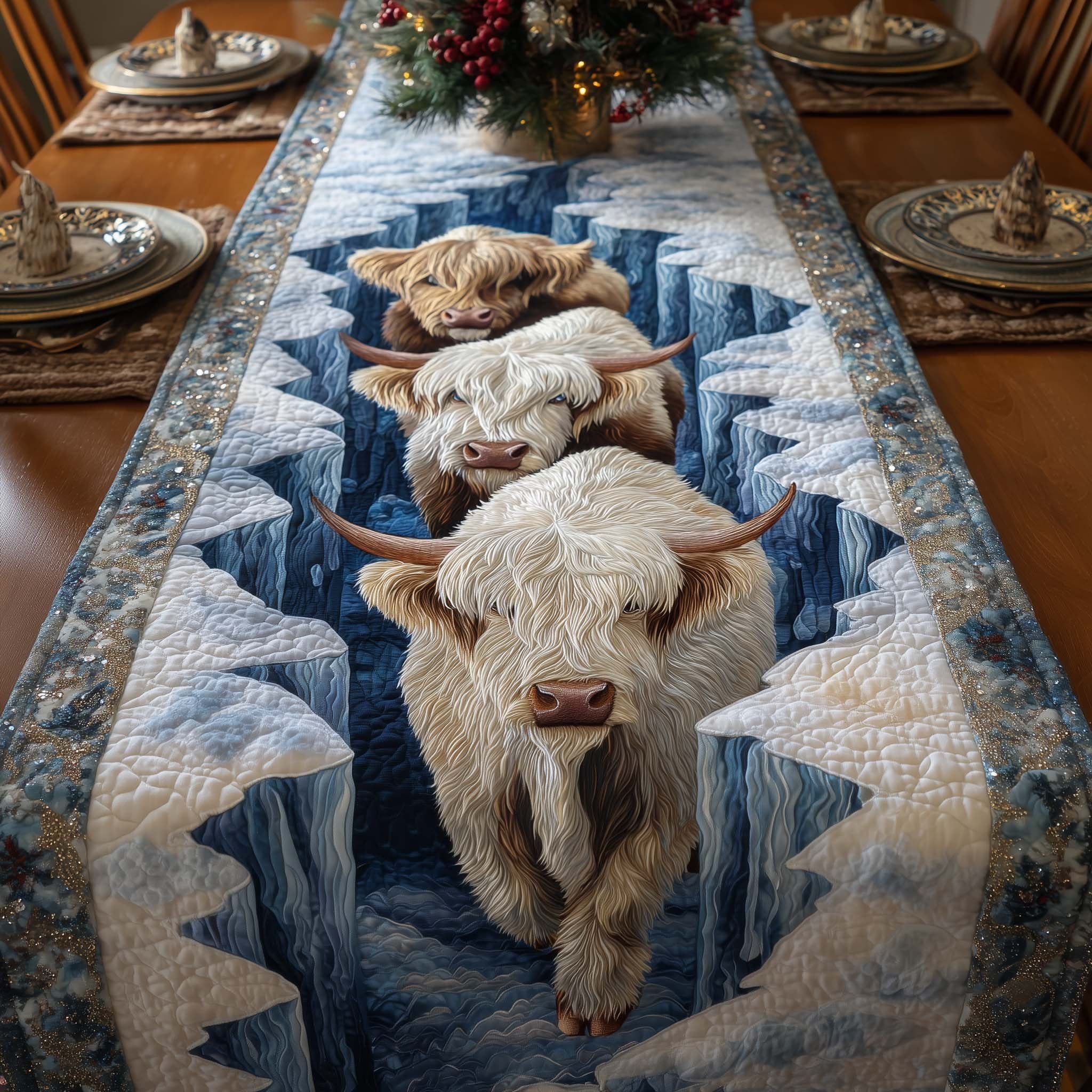 Cream Highland Cow on Blue Quilt Table Runner