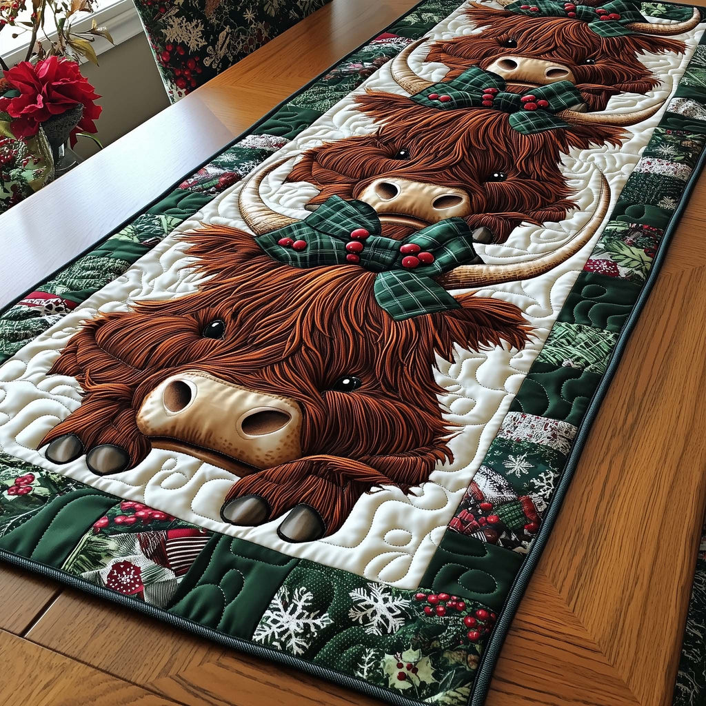 Highland Cow with Green Bow Table Runner