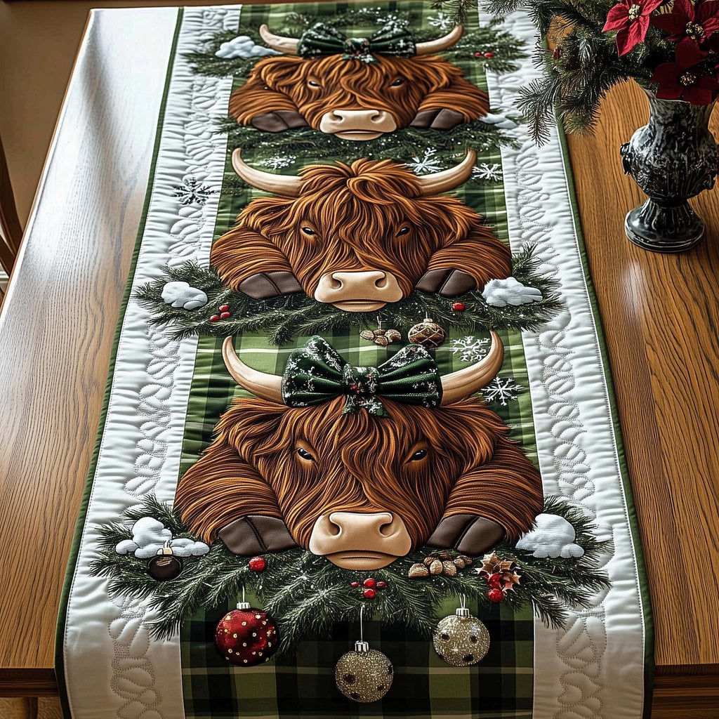 Highland Cow with Green Ribbon Table Runner