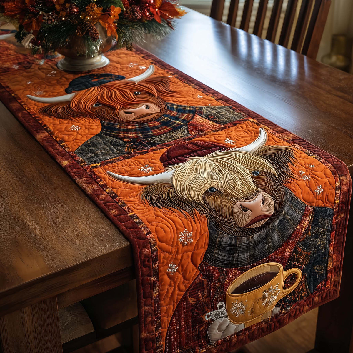Highland Cows with Orange Plaid Table Runner