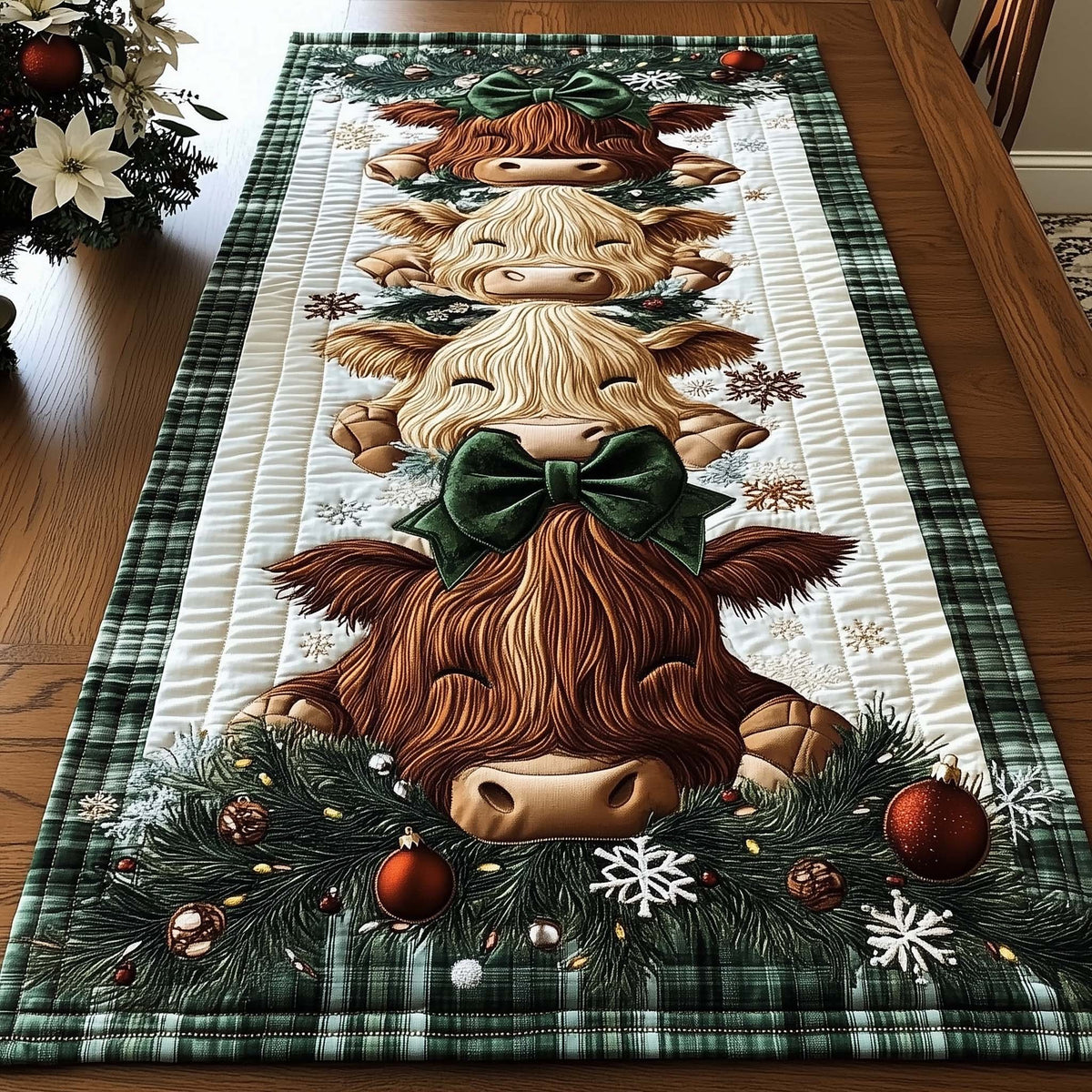 Highland Cow with Green Bow and Baubles Table Runner