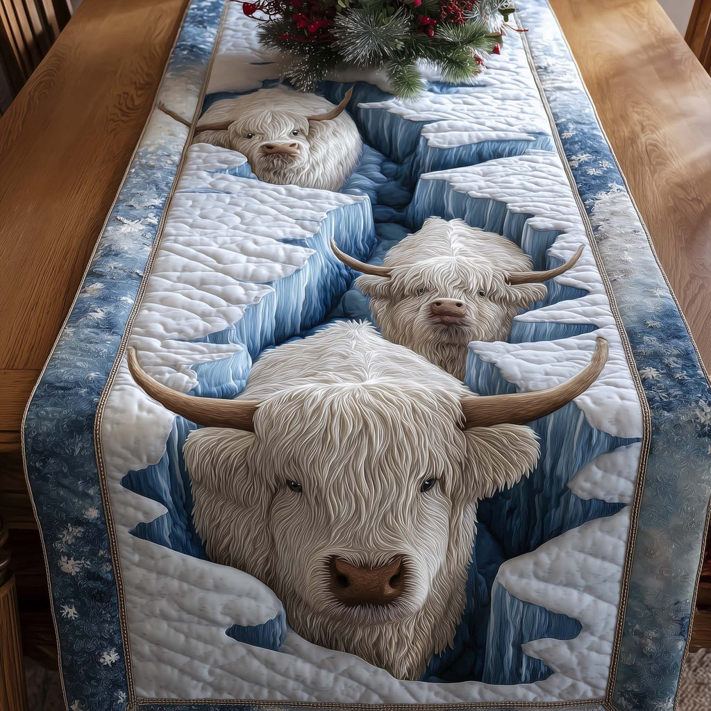 White Highland Cow on Icy Blue Table Runner