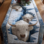 White Highland Cow on Icy Blue Table Runner