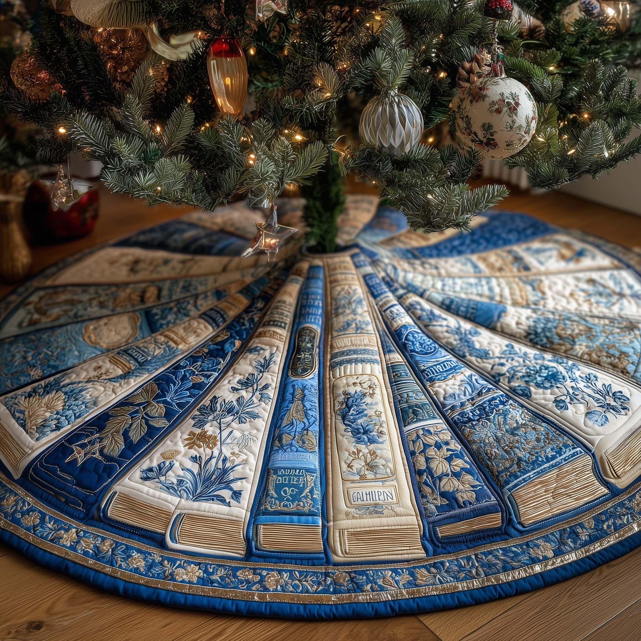 Blue and White Book Spines Christmas Tree Skirt
